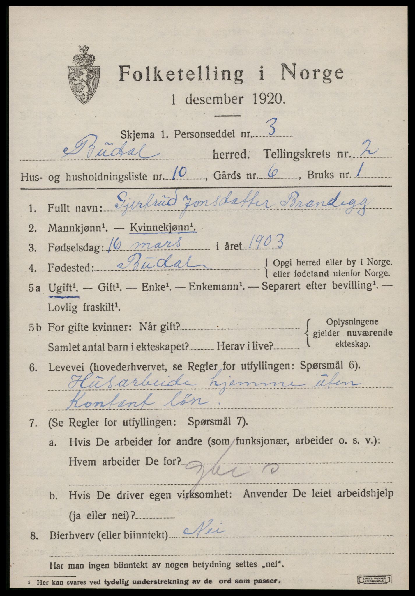 SAT, Folketelling 1920 for 1647 Budal herred, 1920, s. 484