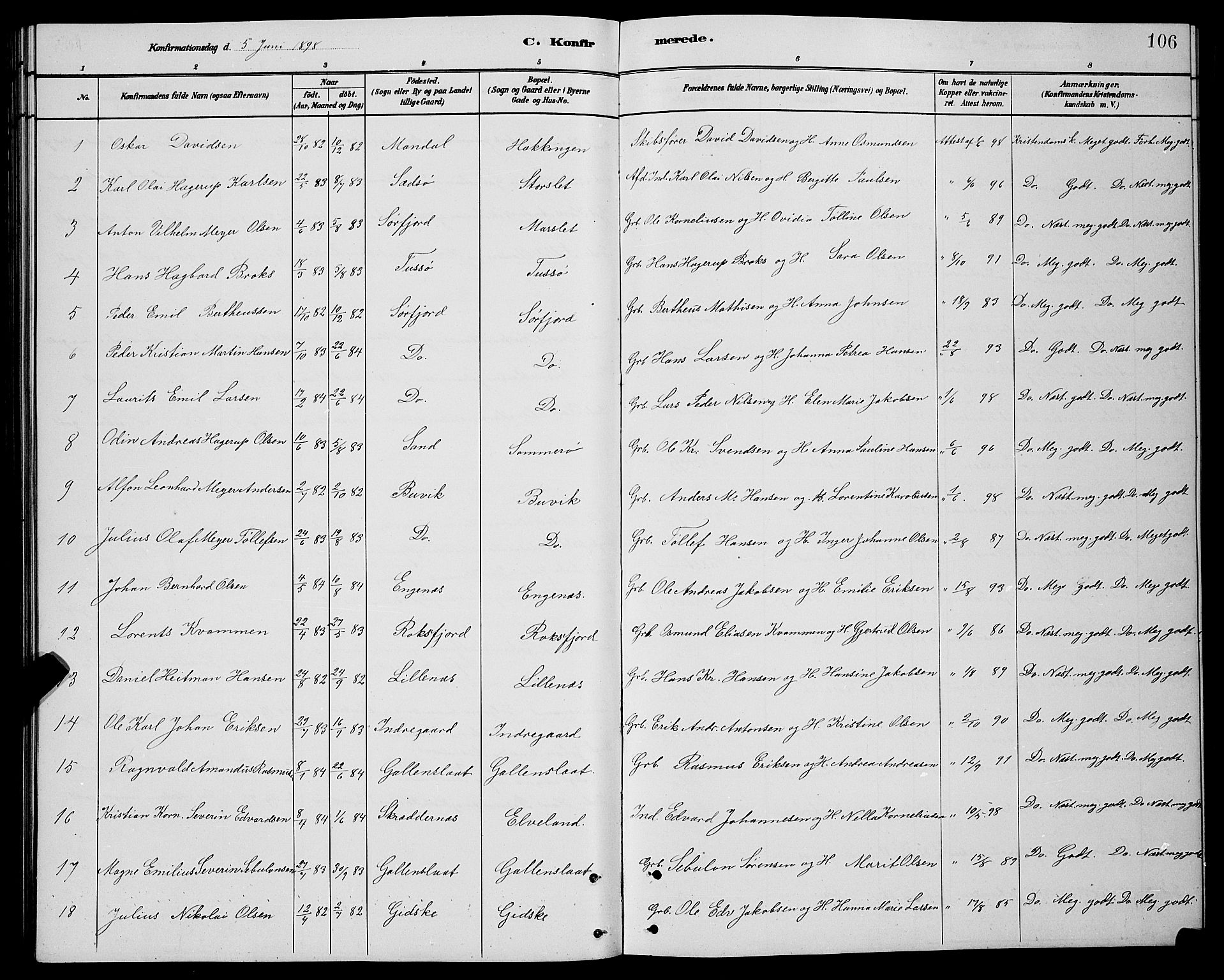 Lenvik sokneprestembete, AV/SATØ-S-1310/H/Ha/Hab/L0021klokker: Klokkerbok nr. 21, 1884-1900, s. 106