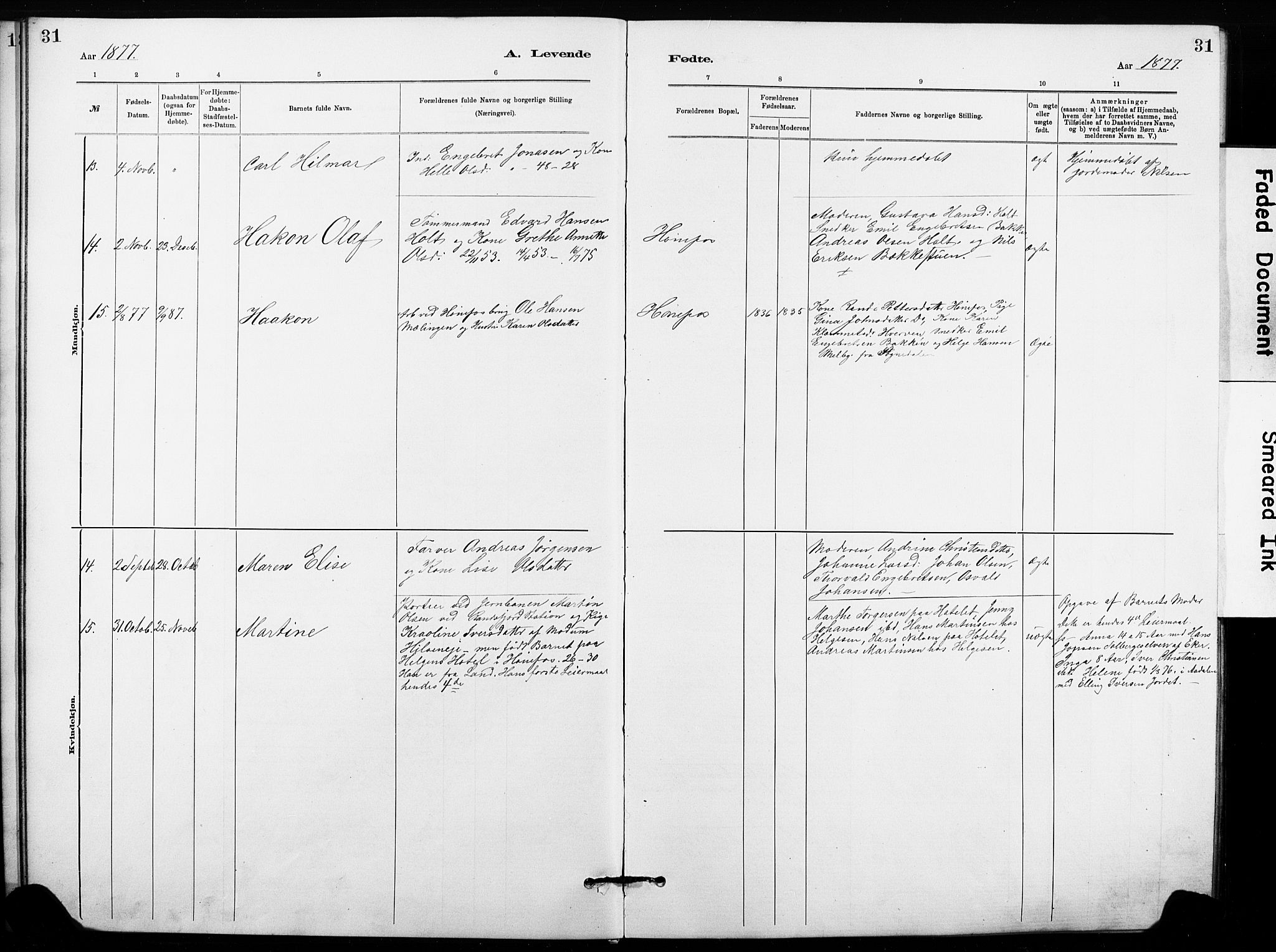 Hønefoss kirkebøker, AV/SAKO-A-609/G/Ga/L0001: Klokkerbok nr. 1, 1870-1887, s. 31