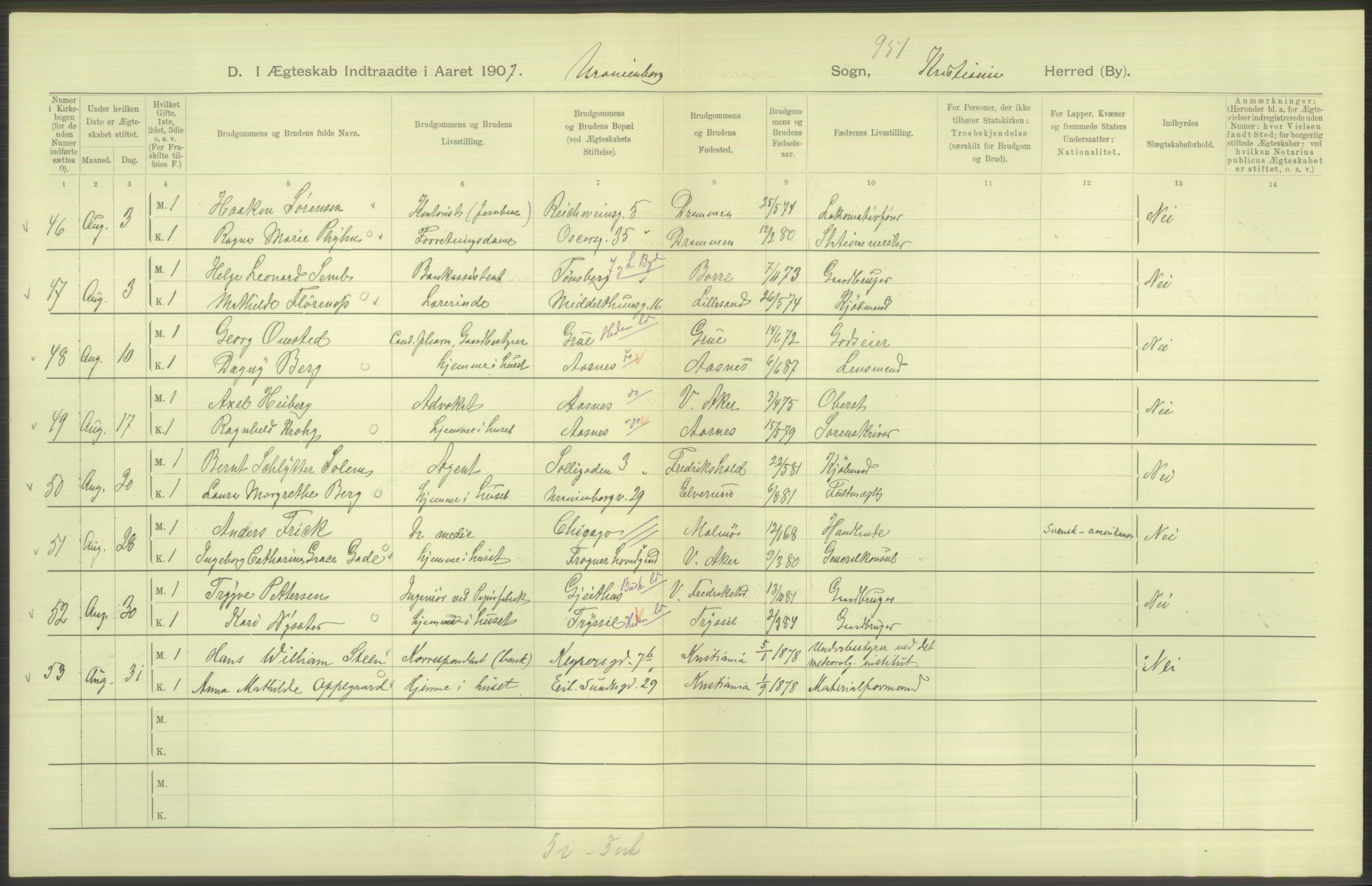 Statistisk sentralbyrå, Sosiodemografiske emner, Befolkning, AV/RA-S-2228/D/Df/Dfa/Dfae/L0008: Kristiania: Gifte, 1907, s. 530