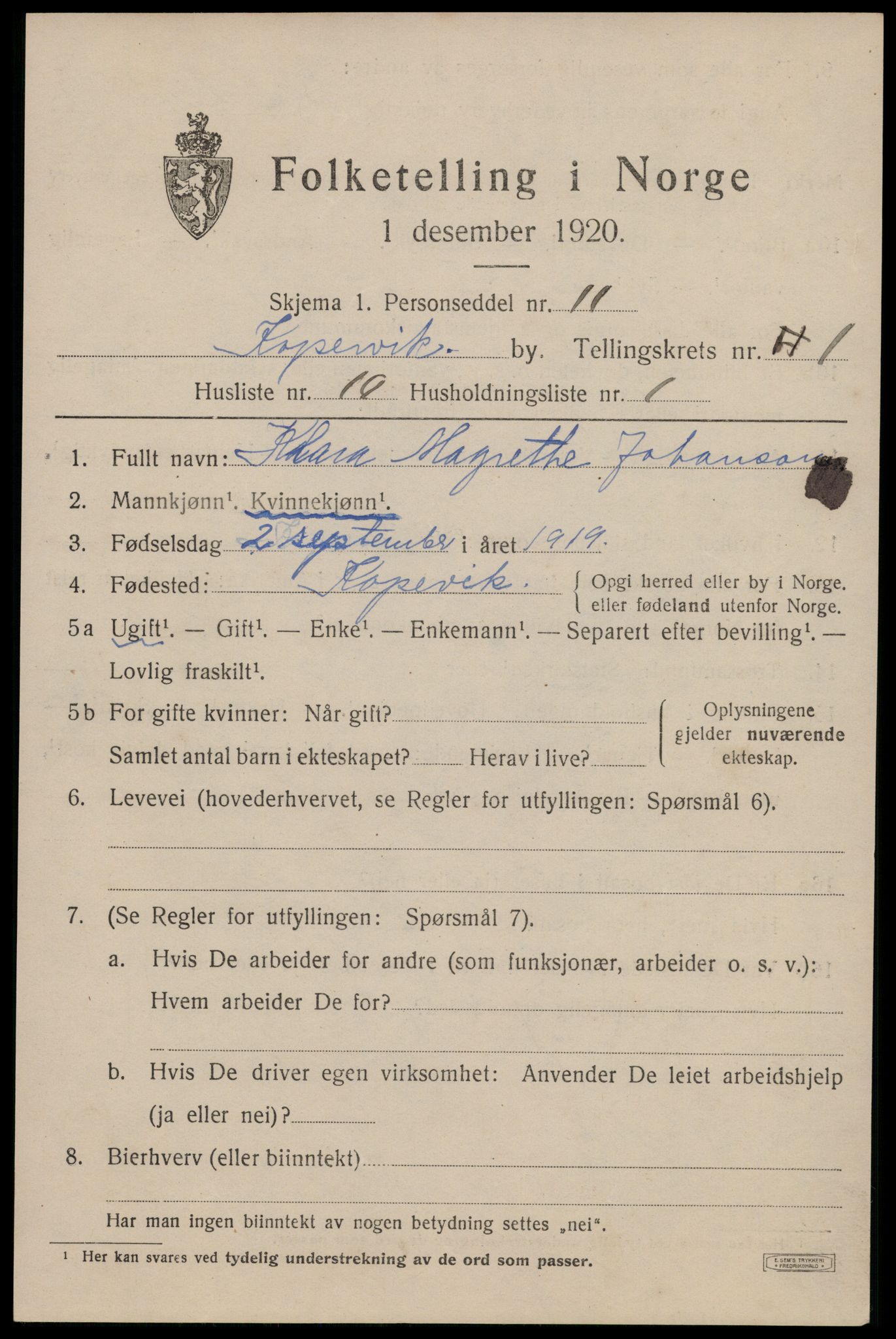 SAST, Folketelling 1920 for 1105 Kopervik ladested, 1920, s. 1532