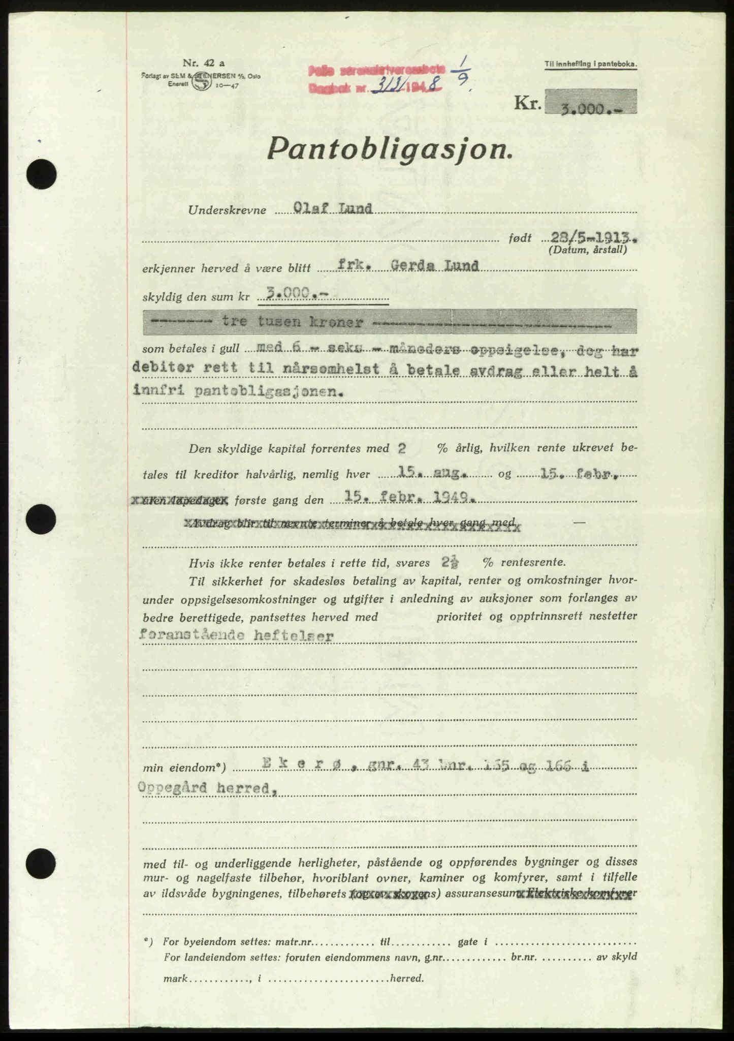 Follo sorenskriveri, SAO/A-10274/G/Ga/Gaa/L0085: Pantebok nr. I 85, 1948-1948, Dagboknr: 3131/1948