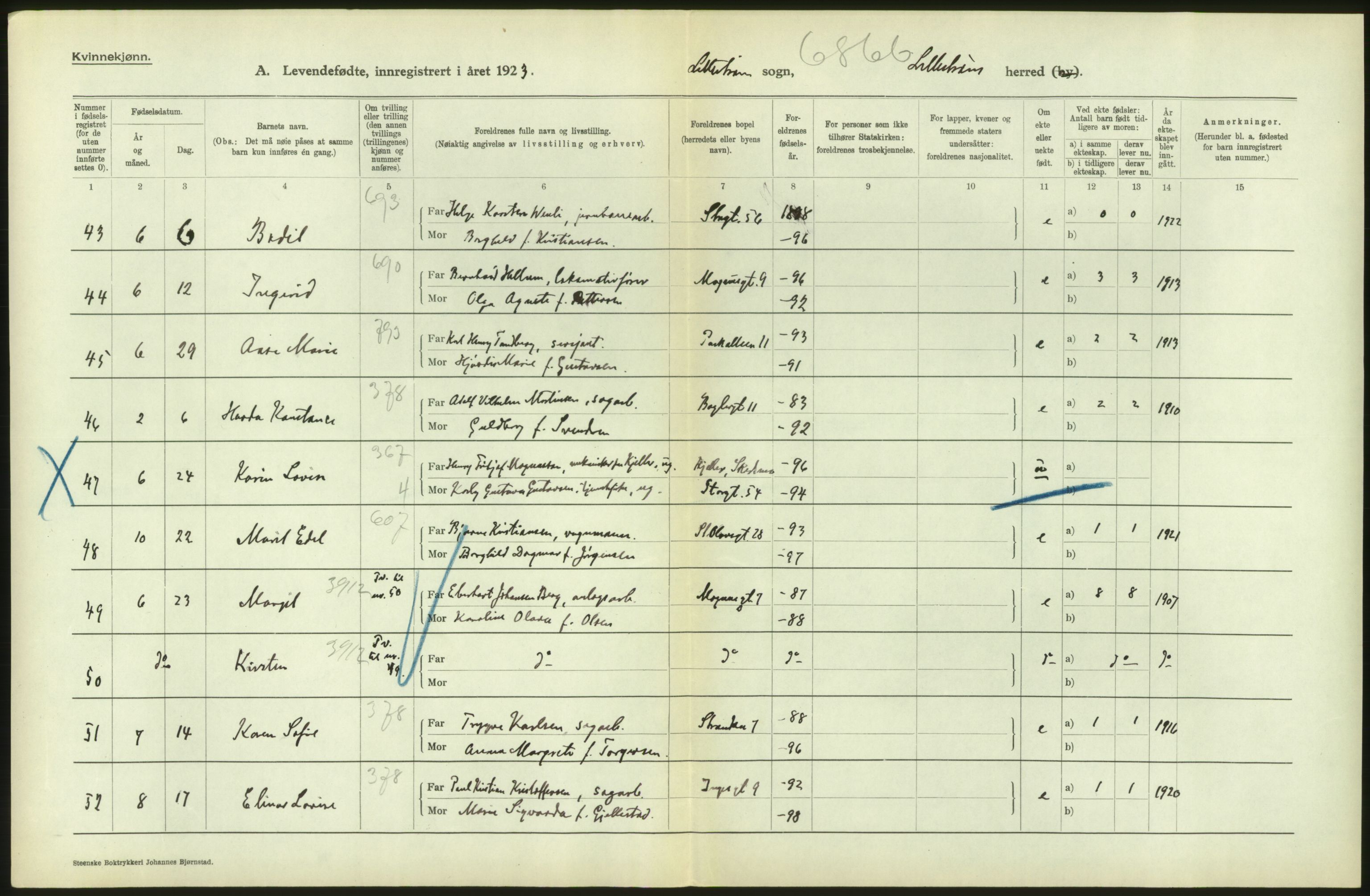 Statistisk sentralbyrå, Sosiodemografiske emner, Befolkning, AV/RA-S-2228/D/Df/Dfc/Dfcc/L0003: Akershus fylke: Levendefødte menn og kvinner. Bygder., 1923, s. 140