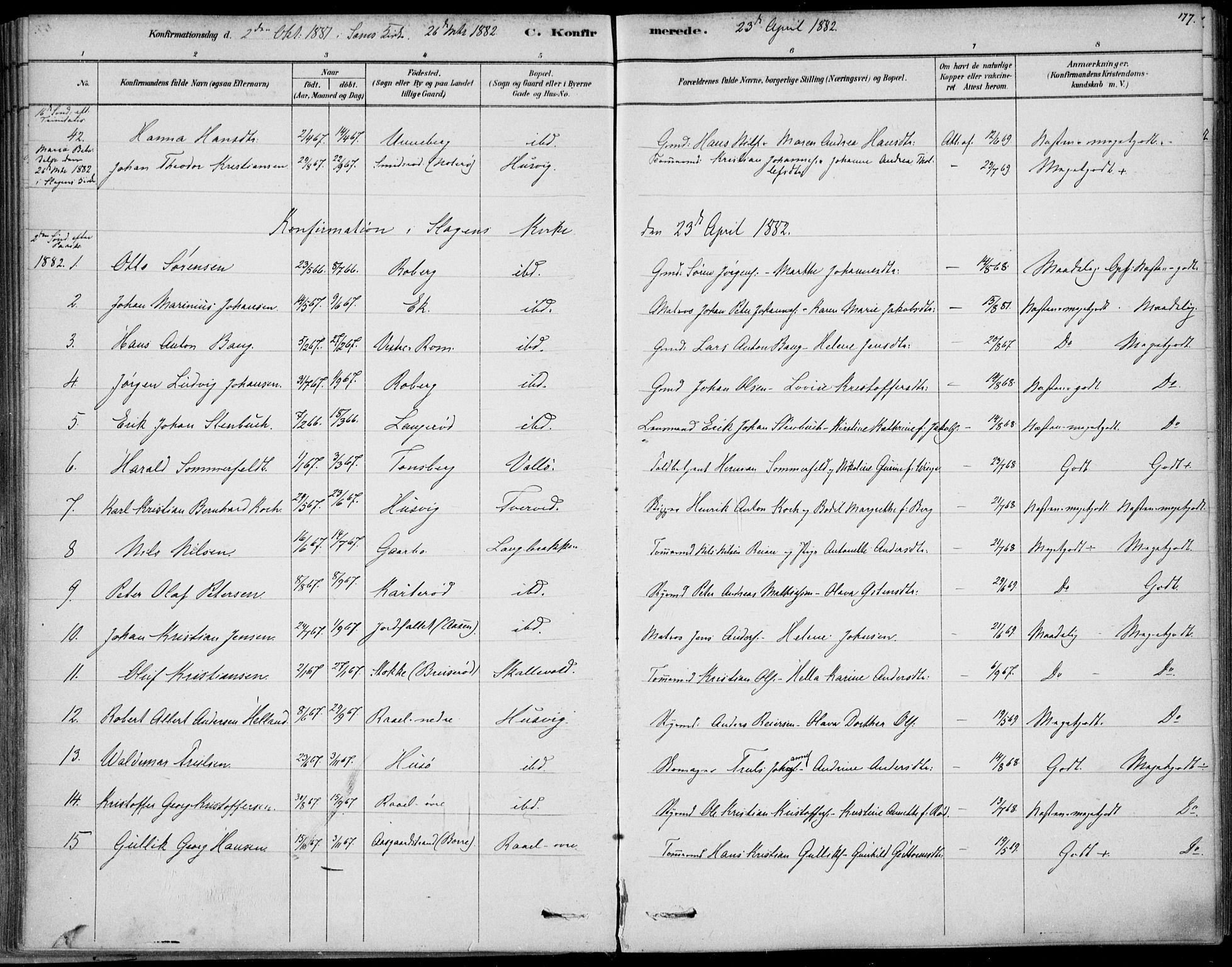 Sem kirkebøker, AV/SAKO-A-5/F/Fb/L0004: Ministerialbok nr. II 4, 1878-1891, s. 177
