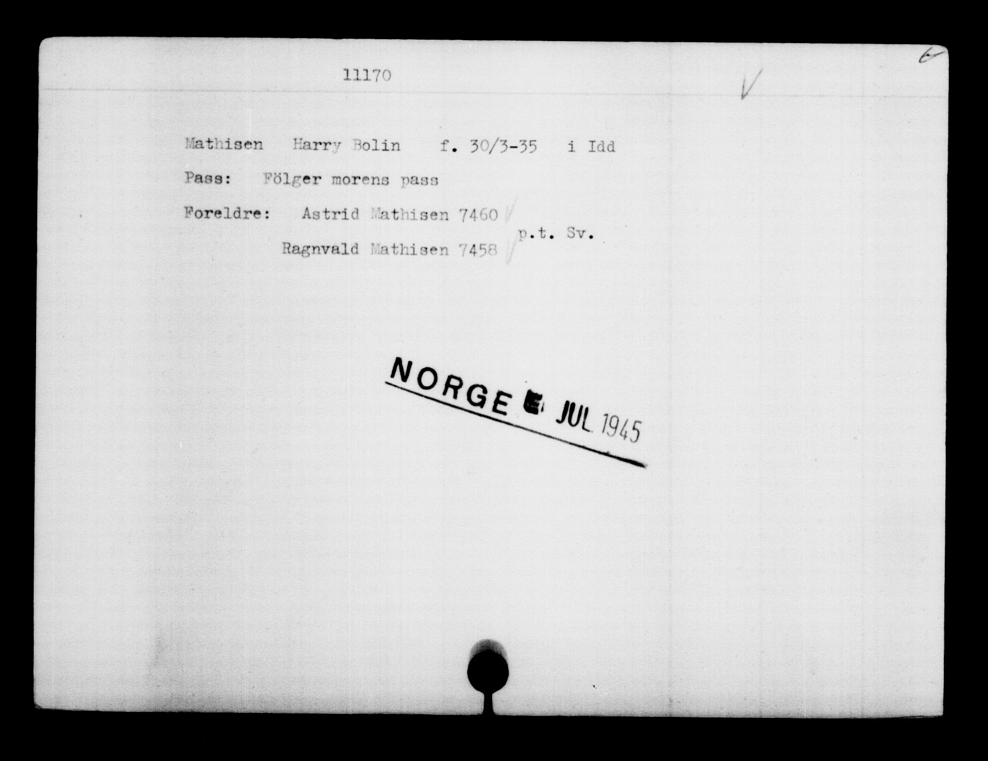 Utenriksstasjonene, Legasjonen i Stockholm, Flyktningkontoret, AV/RA-S-6753/V/Va/L0006: Kjesäterkartoteket, flyktninger med registreringsnr. 9400-12711, 1940-1945, s. 2007