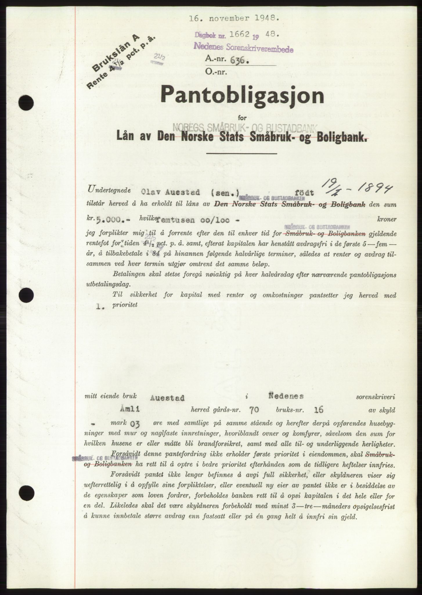 Nedenes sorenskriveri, AV/SAK-1221-0006/G/Gb/Gbb/L0005: Pantebok nr. B5, 1948-1948, Dagboknr: 1662/1948