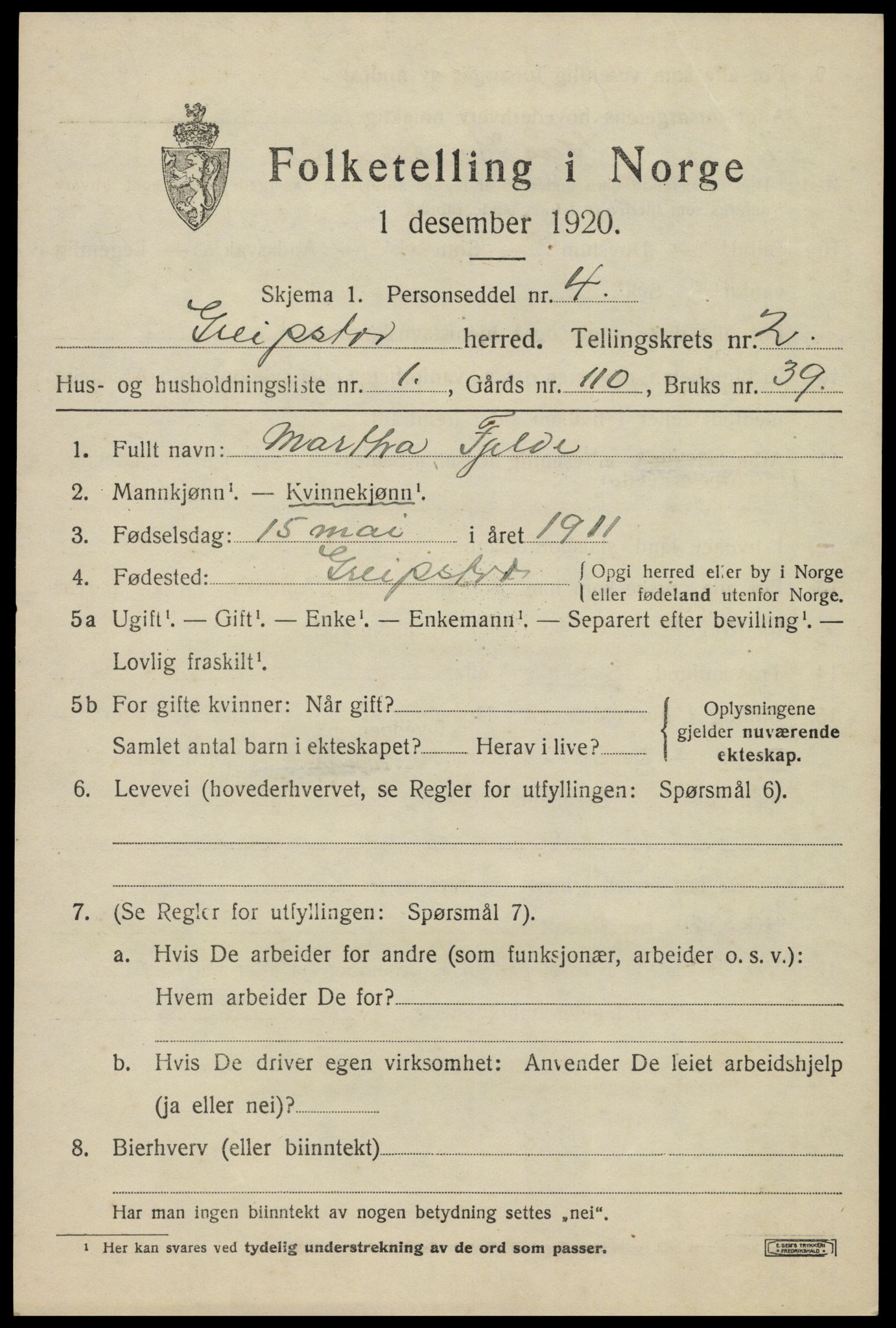 SAK, Folketelling 1920 for 1017 Greipstad herred, 1920, s. 878