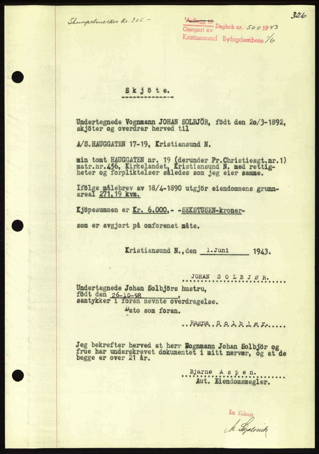 Kristiansund byfogd, AV/SAT-A-4587/A/27: Pantebok nr. 34, 1941-1945, Dagboknr: 500/1943