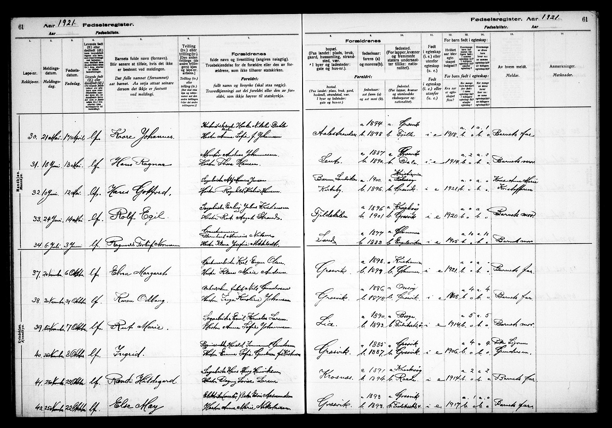 Onsøy prestekontor Kirkebøker, AV/SAO-A-10914/J/Jb/L0001: Fødselsregister nr. II 1, 1916-1938, s. 61