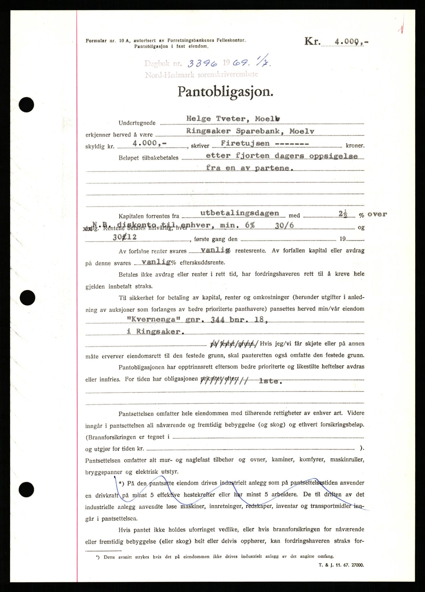 Nord-Hedmark sorenskriveri, SAH/TING-012/H/Hb/Hbf/L0080: Pantebok nr. B80, 1969-1969, Dagboknr: 3396/1969