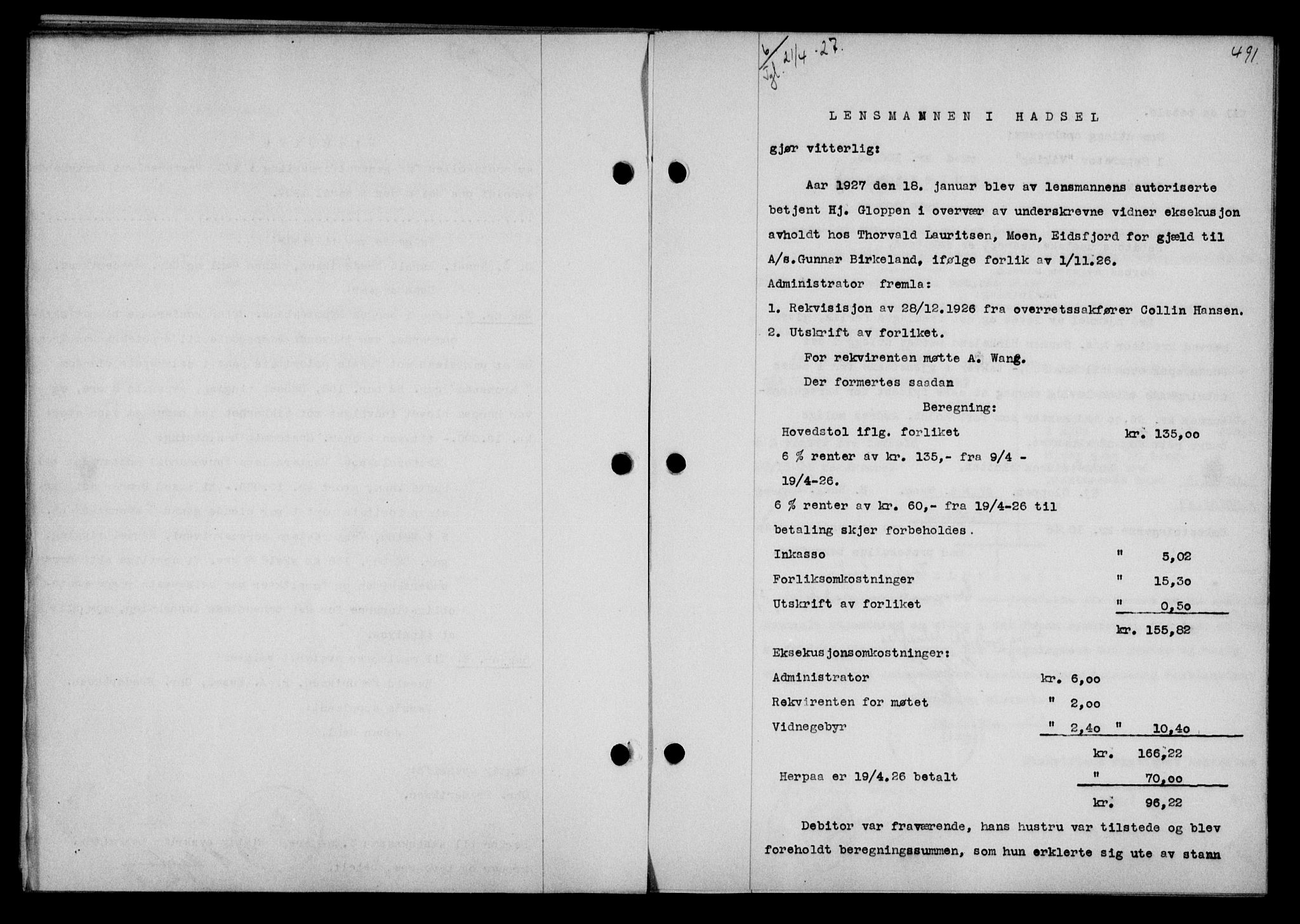 Vesterålen sorenskriveri, SAT/A-4180/1/2/2Ca/L0043: Pantebok nr. 36, 1926-1927, Tingl.dato: 21.04.1927