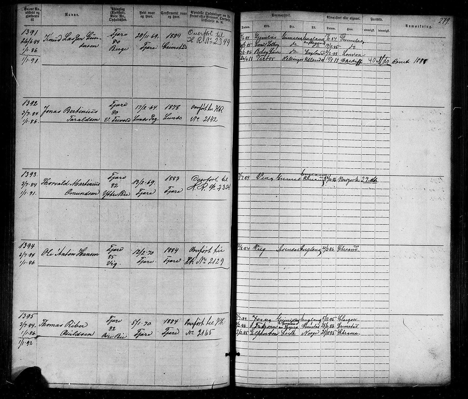 Grimstad mønstringskrets, SAK/2031-0013/F/Fa/L0005: Annotasjonsrulle nr 1-1910 med register, V-18, 1870-1892, s. 317