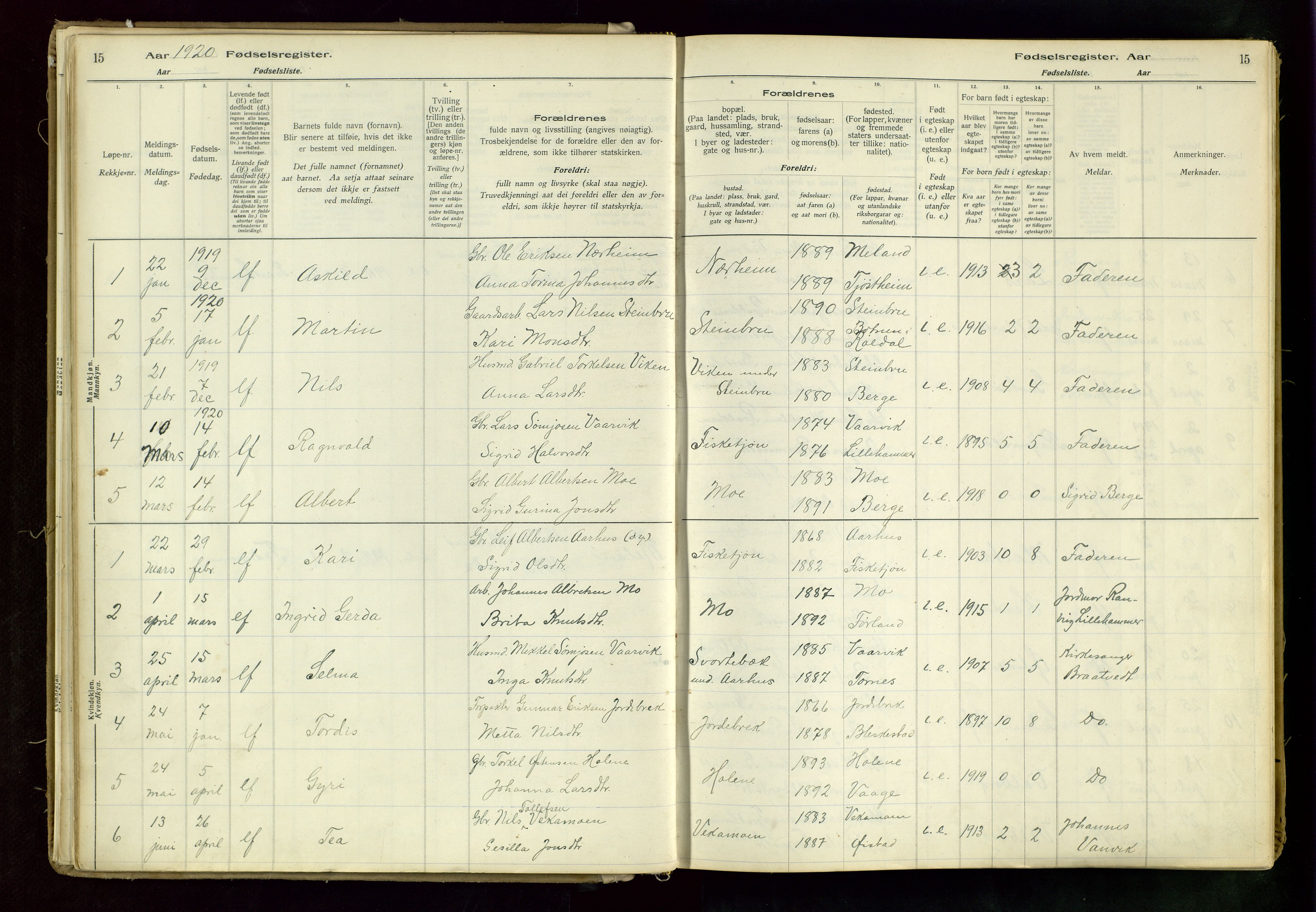 Suldal sokneprestkontor, SAST/A-101845/03/A/L0002: Fødselsregister nr. 2, 1916-1982, s. 15