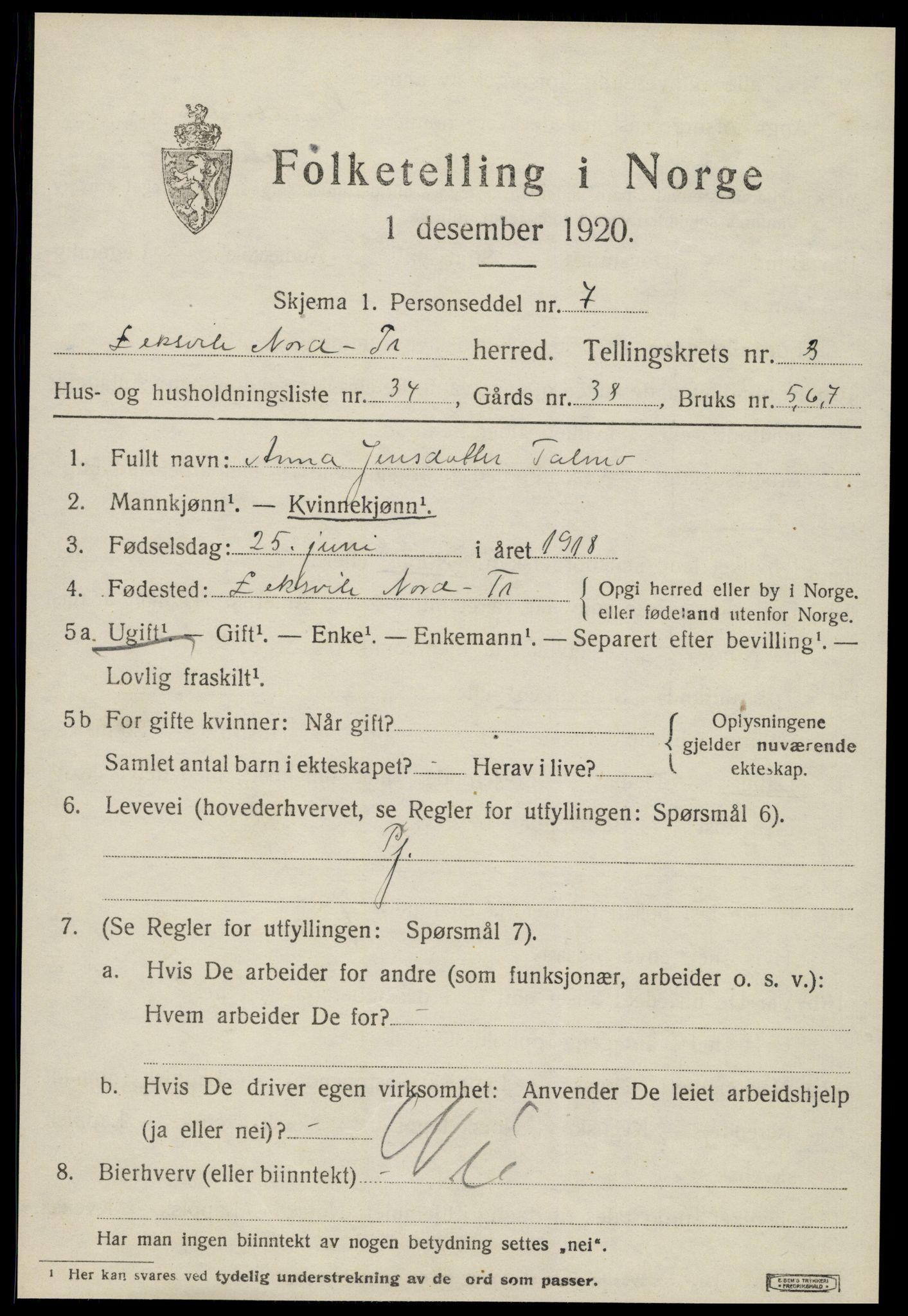 SAT, Folketelling 1920 for 1718 Leksvik herred, 1920, s. 3302