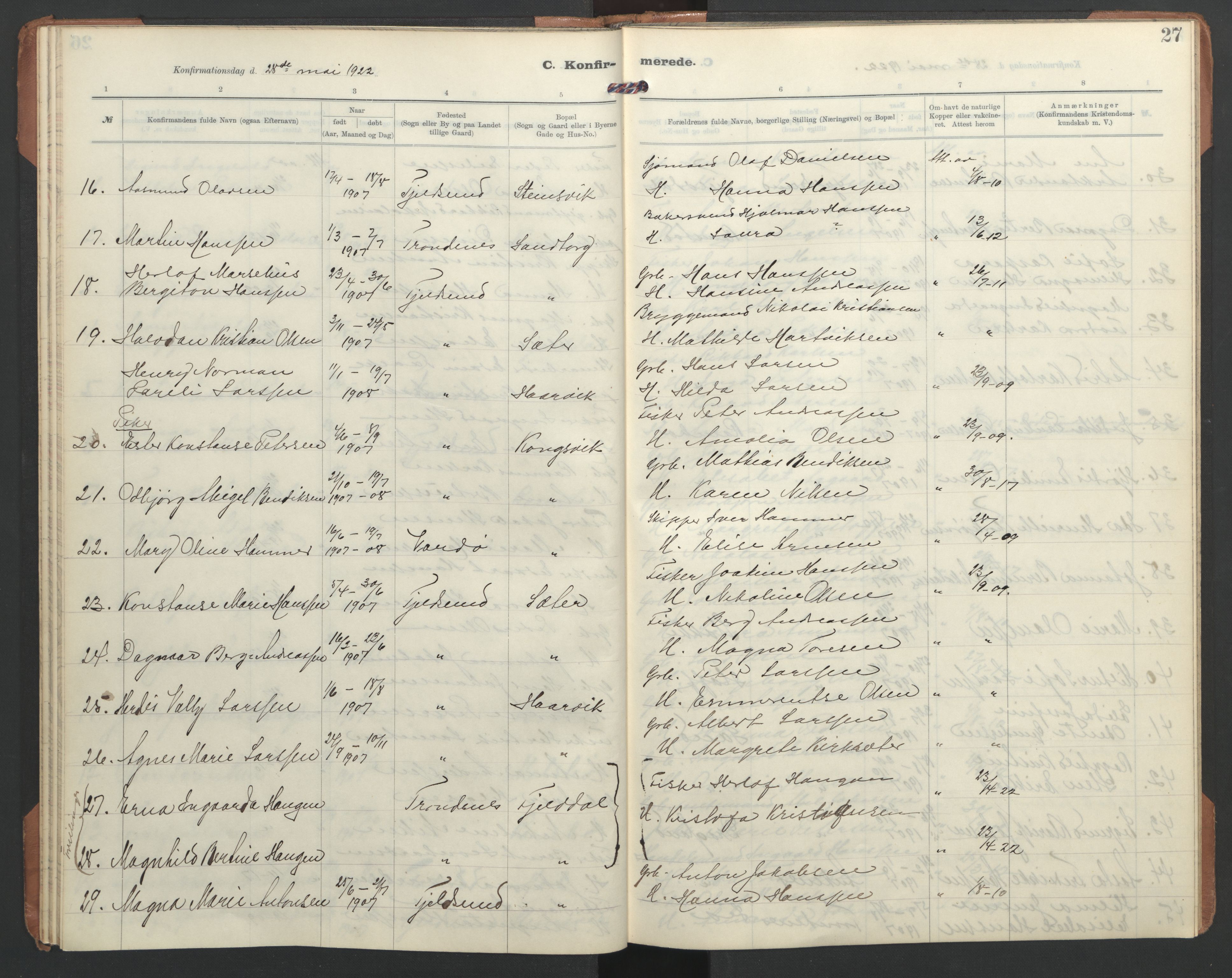 Ministerialprotokoller, klokkerbøker og fødselsregistre - Nordland, AV/SAT-A-1459/865/L0934: Klokkerbok nr. 865C06, 1911-1942, s. 27