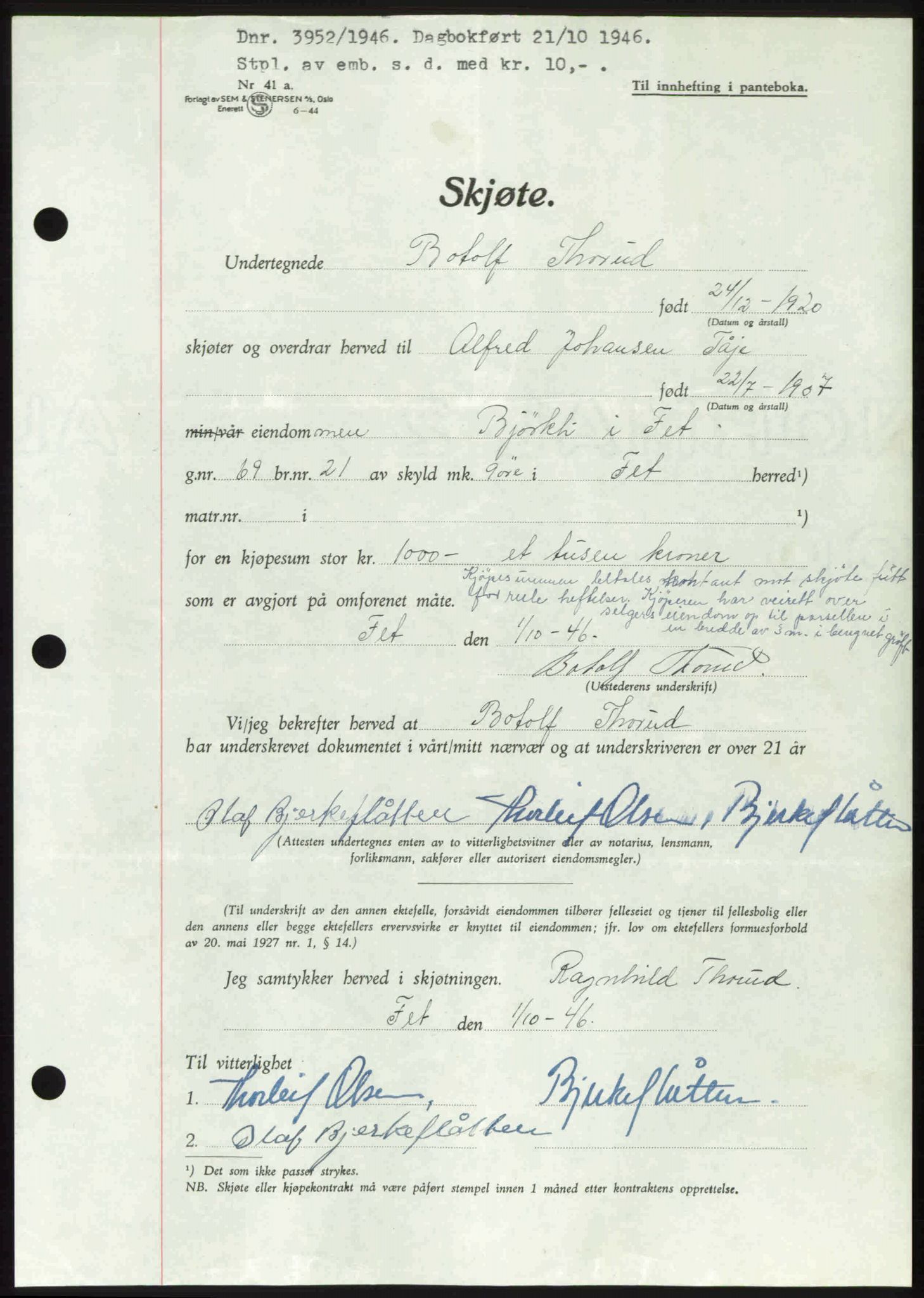 Nedre Romerike sorenskriveri, AV/SAO-A-10469/G/Gb/Gbd/L0017: Pantebok nr. 17, 1946-1946, Dagboknr: 3952/1946