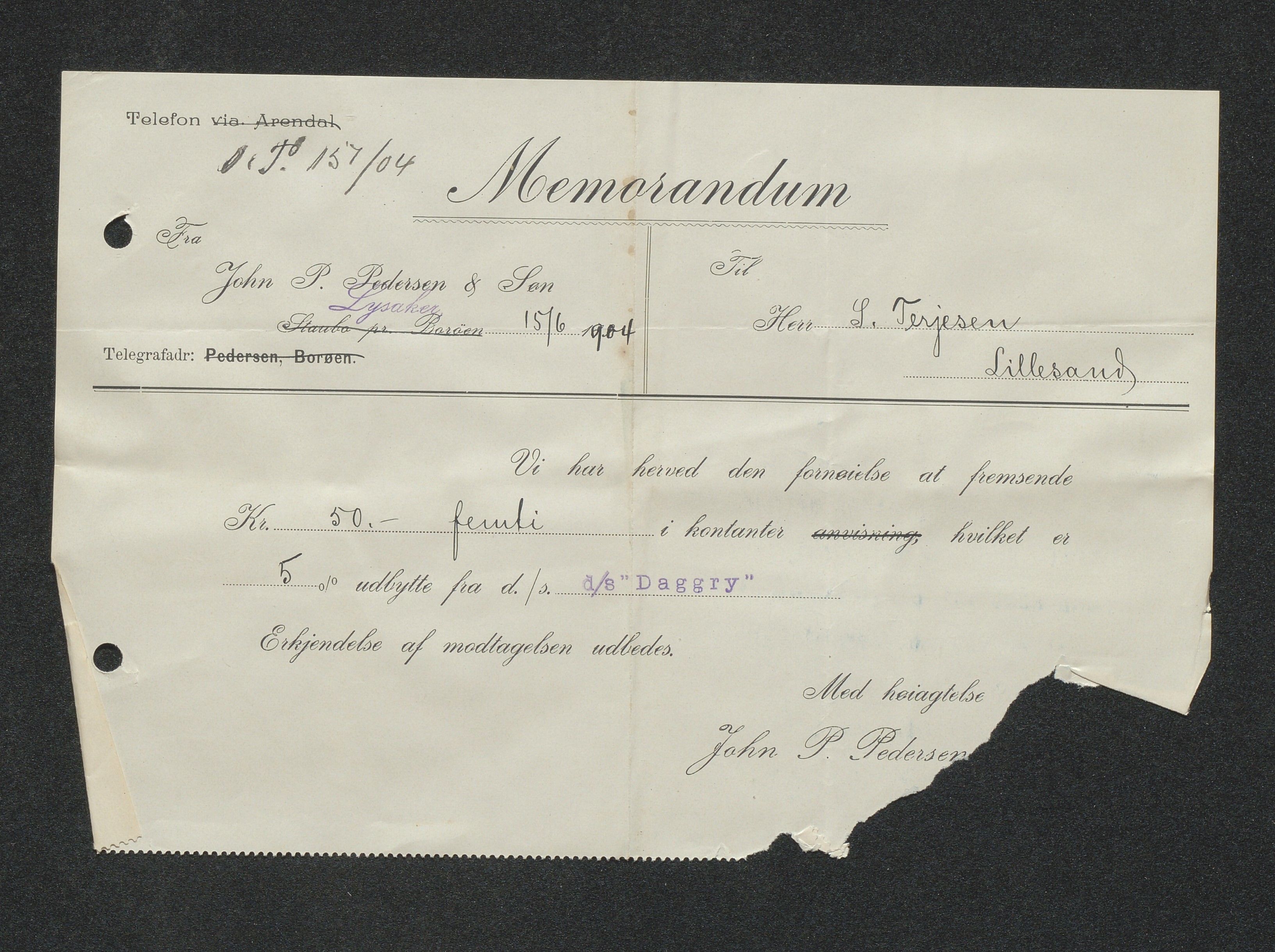 O. Terjesens rederi, AAKS/PA-2525/E/E01/L0013: Korrespondanse, 1904-1905
