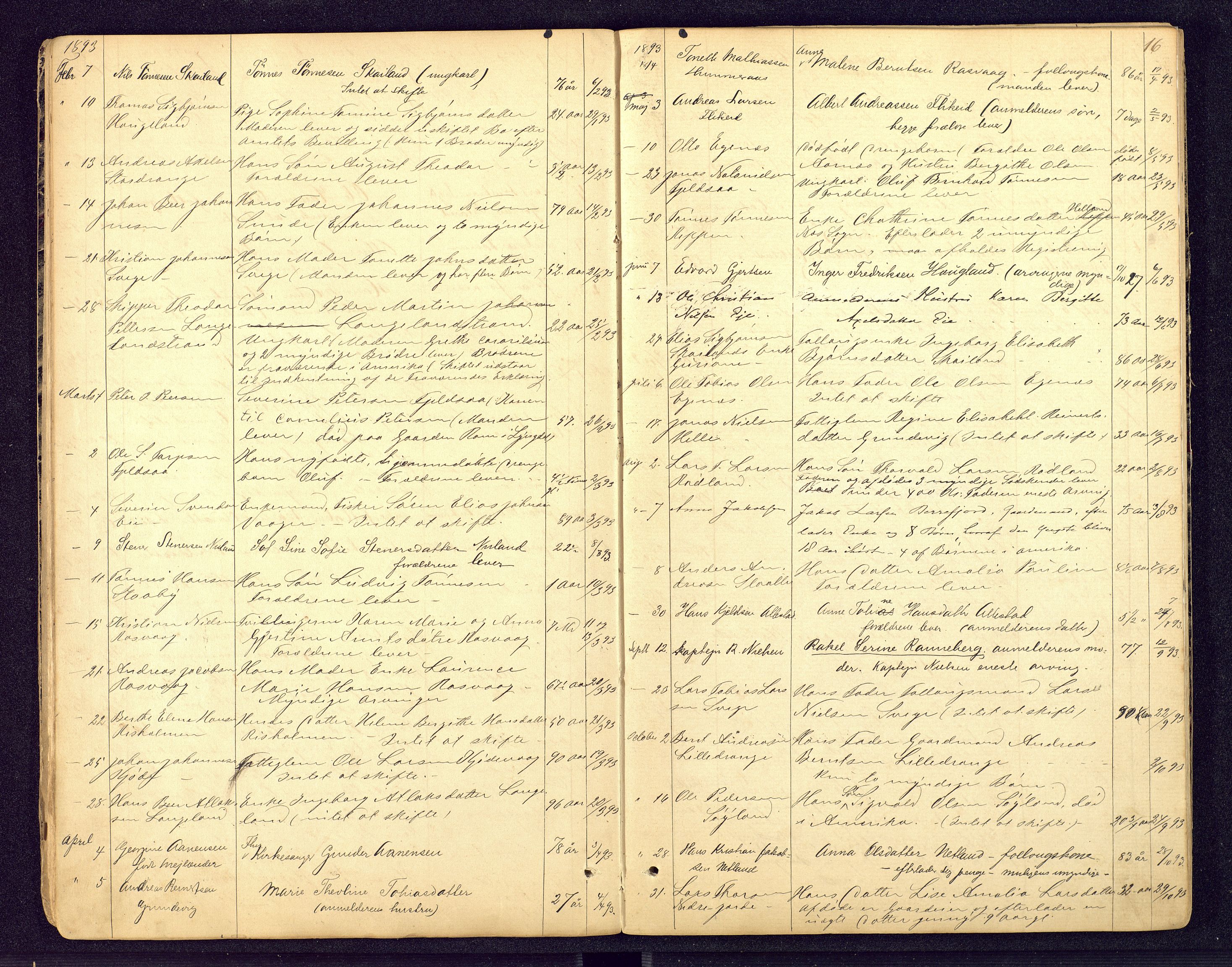 Flekkefjord sorenskriveri, AV/SAK-1221-0001/H/Ha/L0001/0004: Dødsfallsfortegnelser / Dødsfallsfortegnelse Nes og Hidra, 1884-1907, s. 16