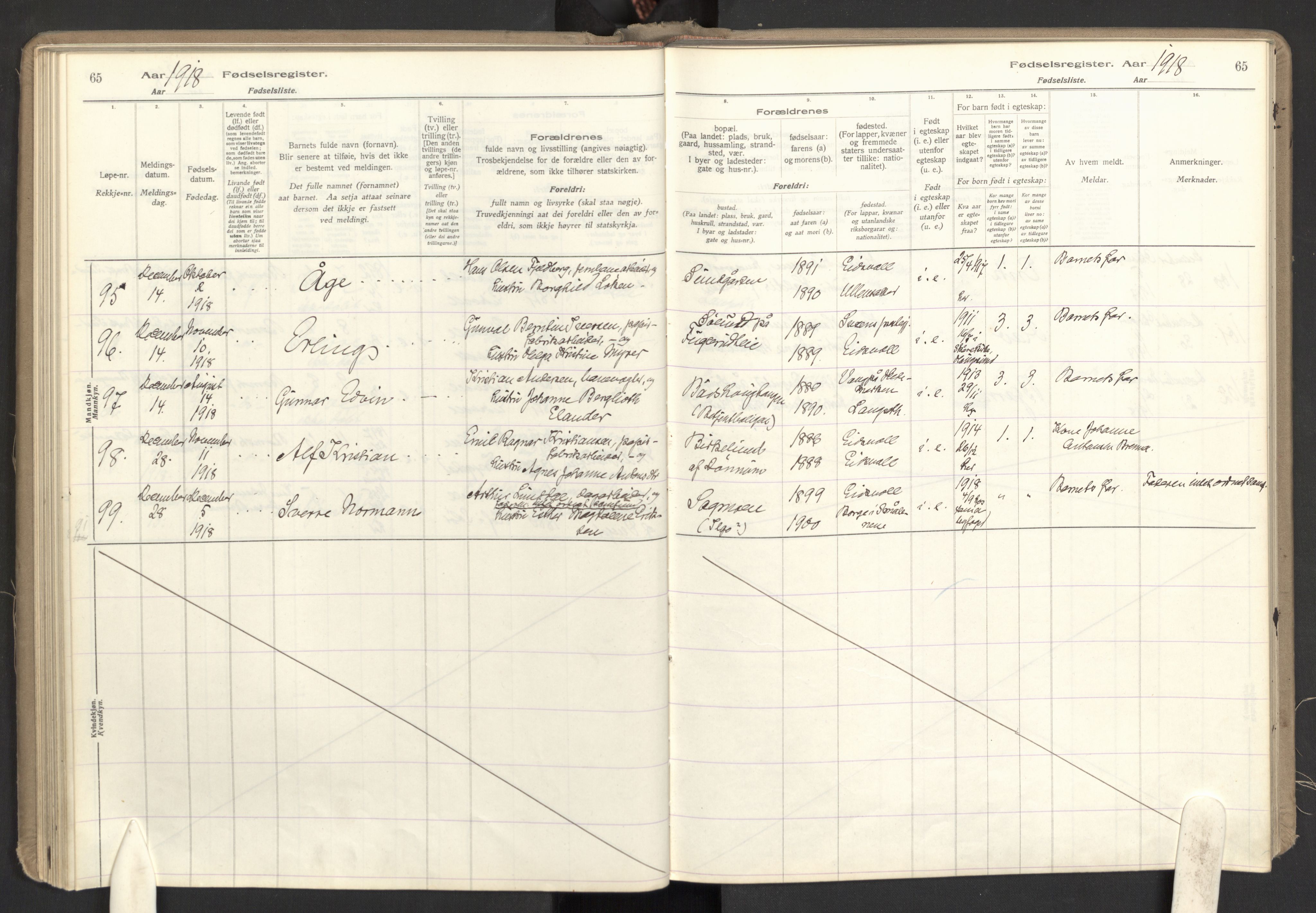 Eidsvoll prestekontor Kirkebøker, AV/SAO-A-10888/J/Ja/L0001: Fødselsregister nr. I 1, 1916-1924, s. 65