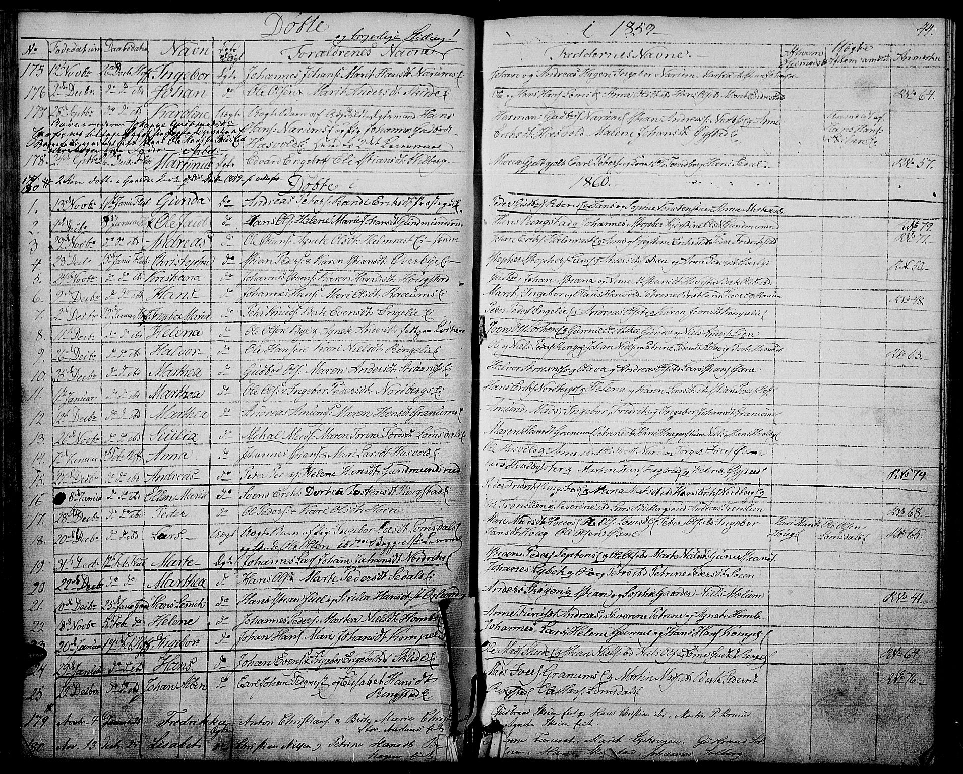 Søndre Land prestekontor, AV/SAH-PREST-122/L/L0001: Klokkerbok nr. 1, 1849-1883, s. 44