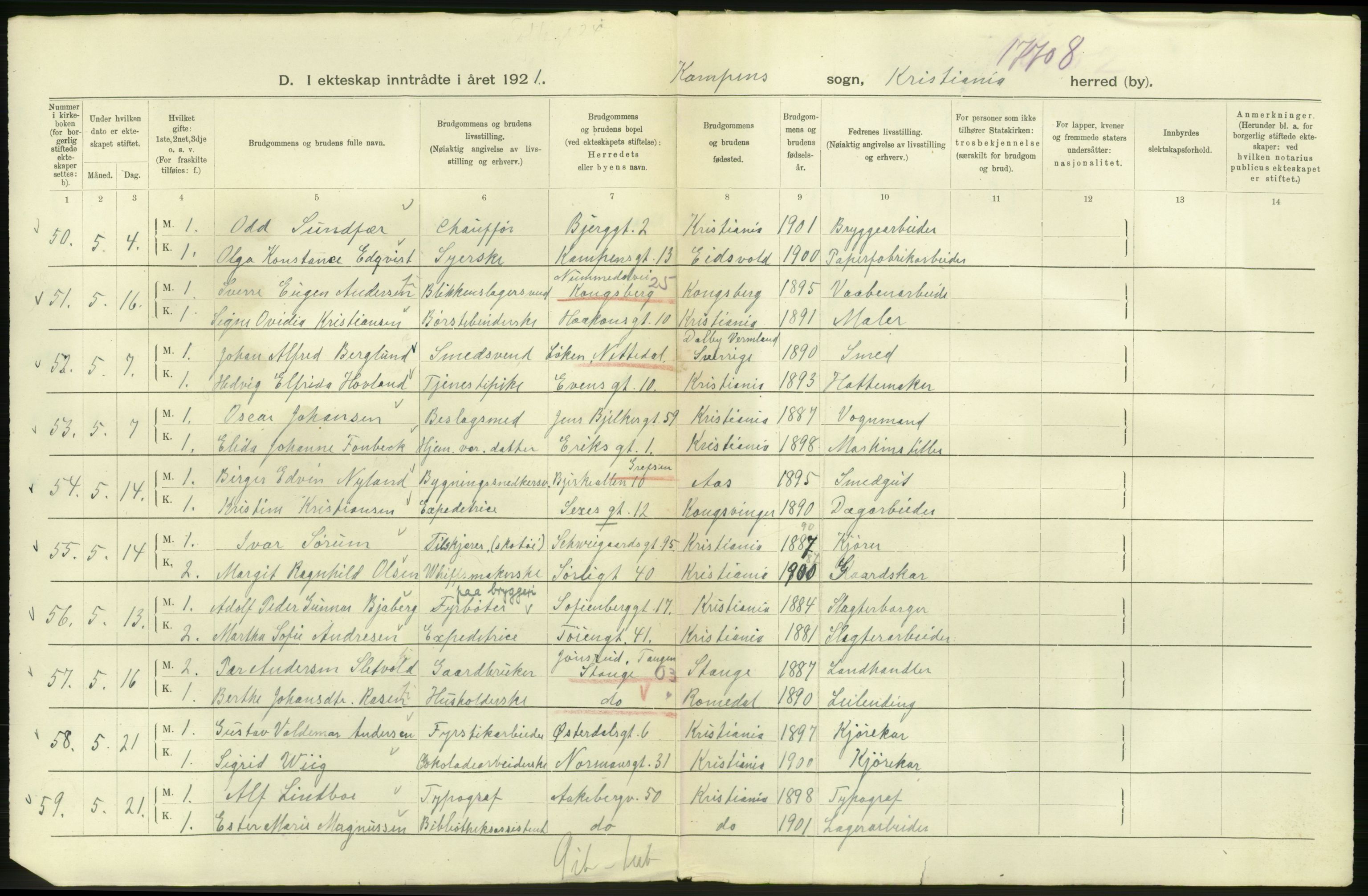 Statistisk sentralbyrå, Sosiodemografiske emner, Befolkning, AV/RA-S-2228/D/Df/Dfc/Dfca/L0011: Kristiania: Gifte, 1921, s. 764