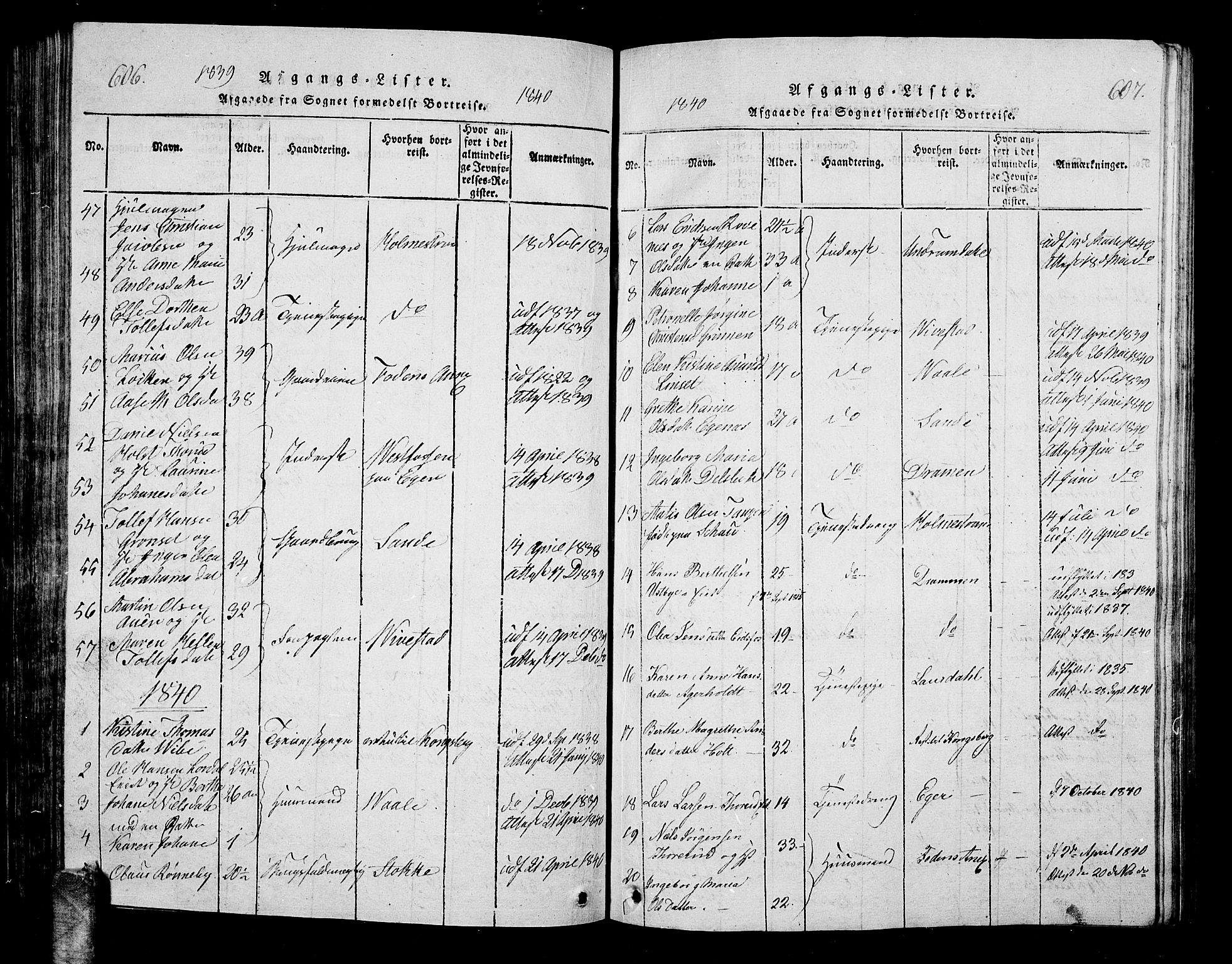 Hof kirkebøker, AV/SAKO-A-64/G/Ga/L0001: Klokkerbok nr. I 1, 1814-1844, s. 606-607