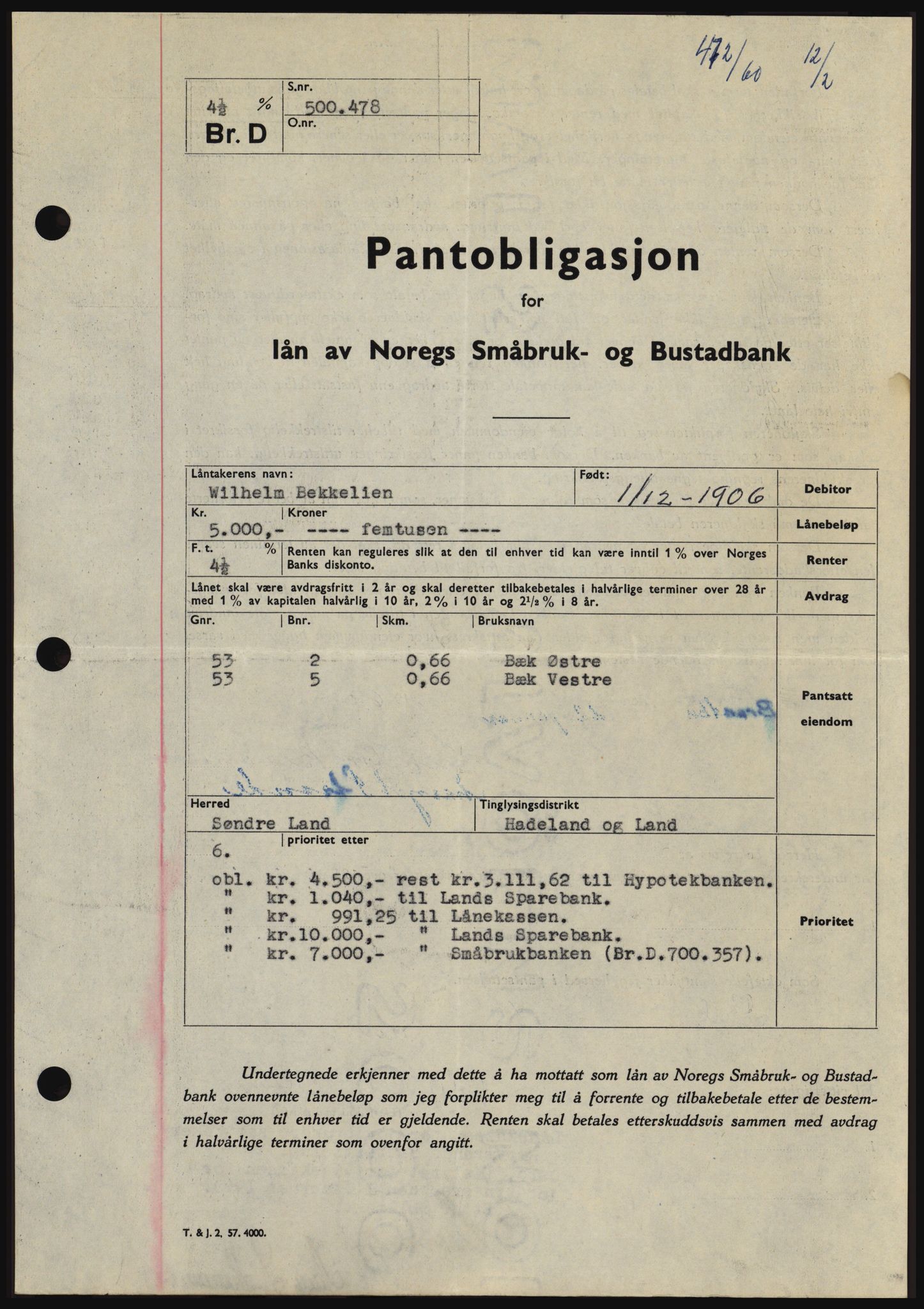 Hadeland og Land tingrett, SAH/TING-010/H/Hb/Hbc/L0042: Pantebok nr. B42, 1959-1960, Dagboknr: 472/1960