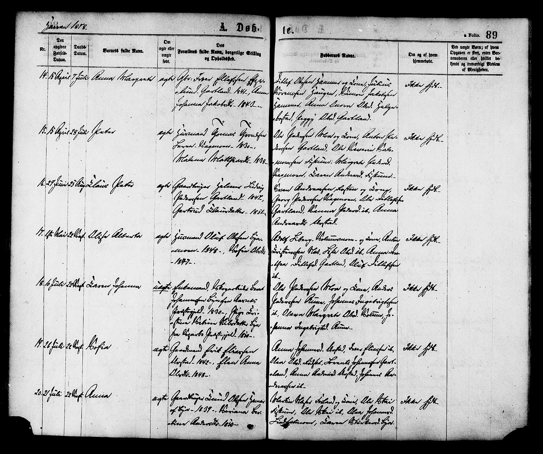 Ministerialprotokoller, klokkerbøker og fødselsregistre - Nord-Trøndelag, AV/SAT-A-1458/758/L0516: Ministerialbok nr. 758A03 /3, 1869-1879, s. 89