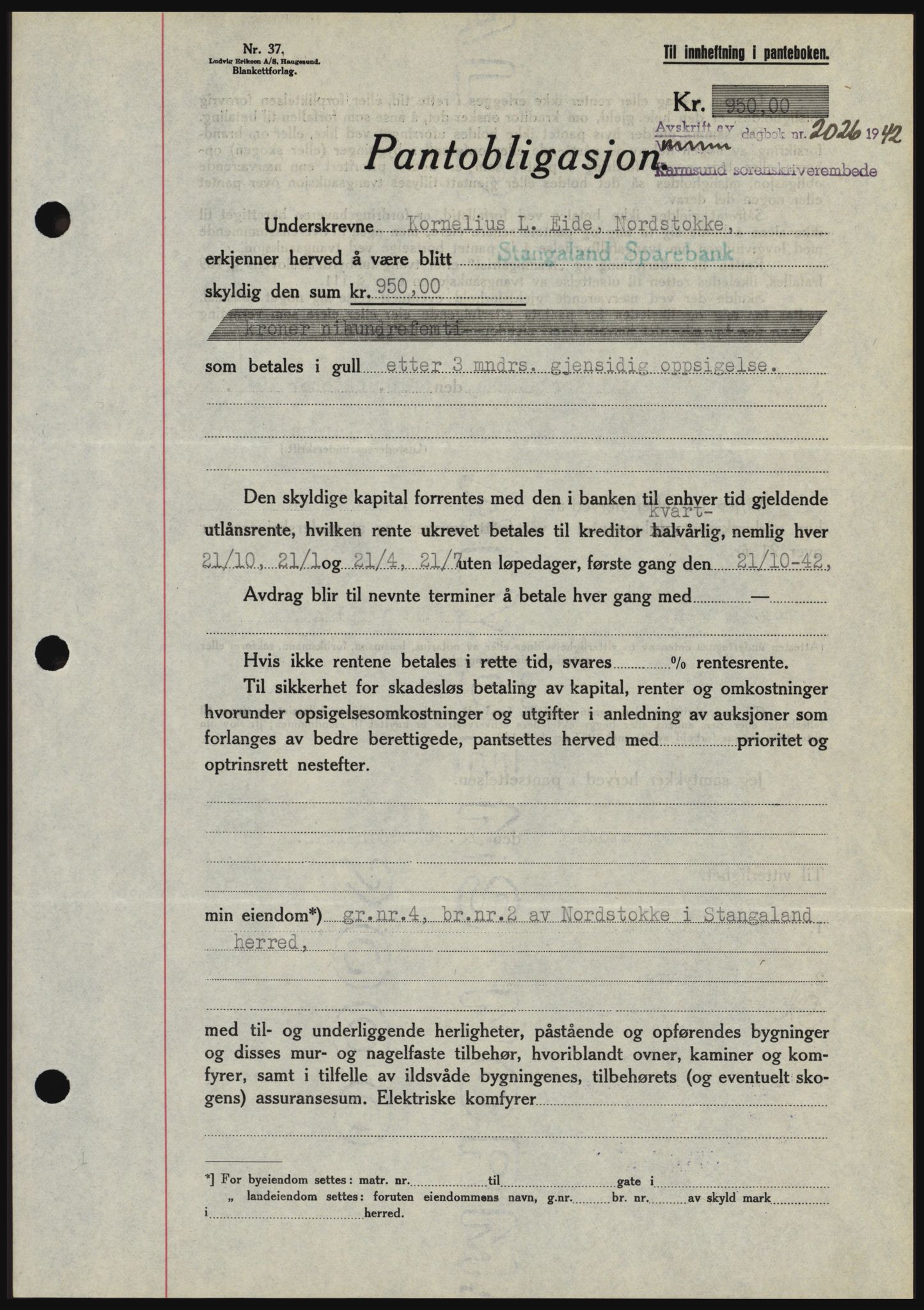 Karmsund sorenskriveri, SAST/A-100311/01/II/IIBBE/L0008: Pantebok nr. B 54, 1942-1943, Dagboknr: 2026/1942