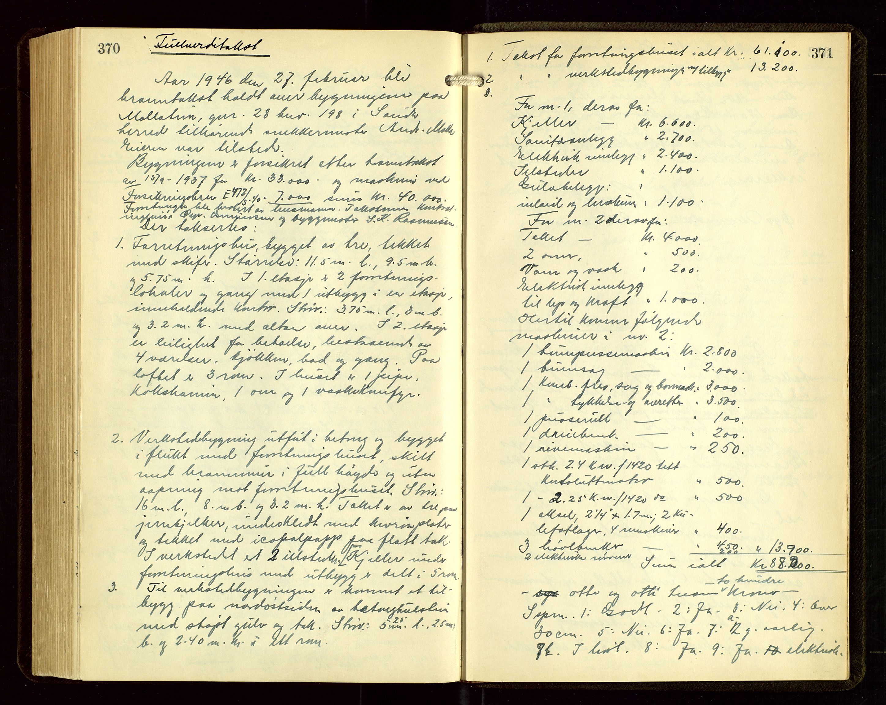 Sauda lensmannskontor, SAST/A-100177/Goa/L0004: "Brandtakstprotokoll for Sauda lensmannsdistrikt", 1934-1946, s. 370-371