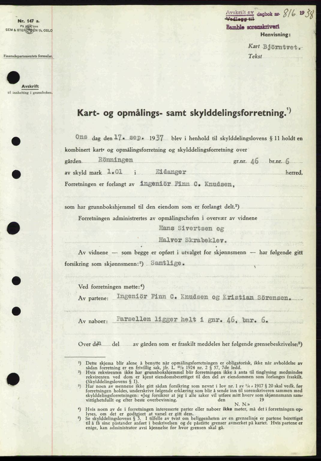 Bamble sorenskriveri, AV/SAKO-A-214/G/Ga/Gag/L0002: Pantebok nr. A-2, 1937-1938, Dagboknr: 816/1938