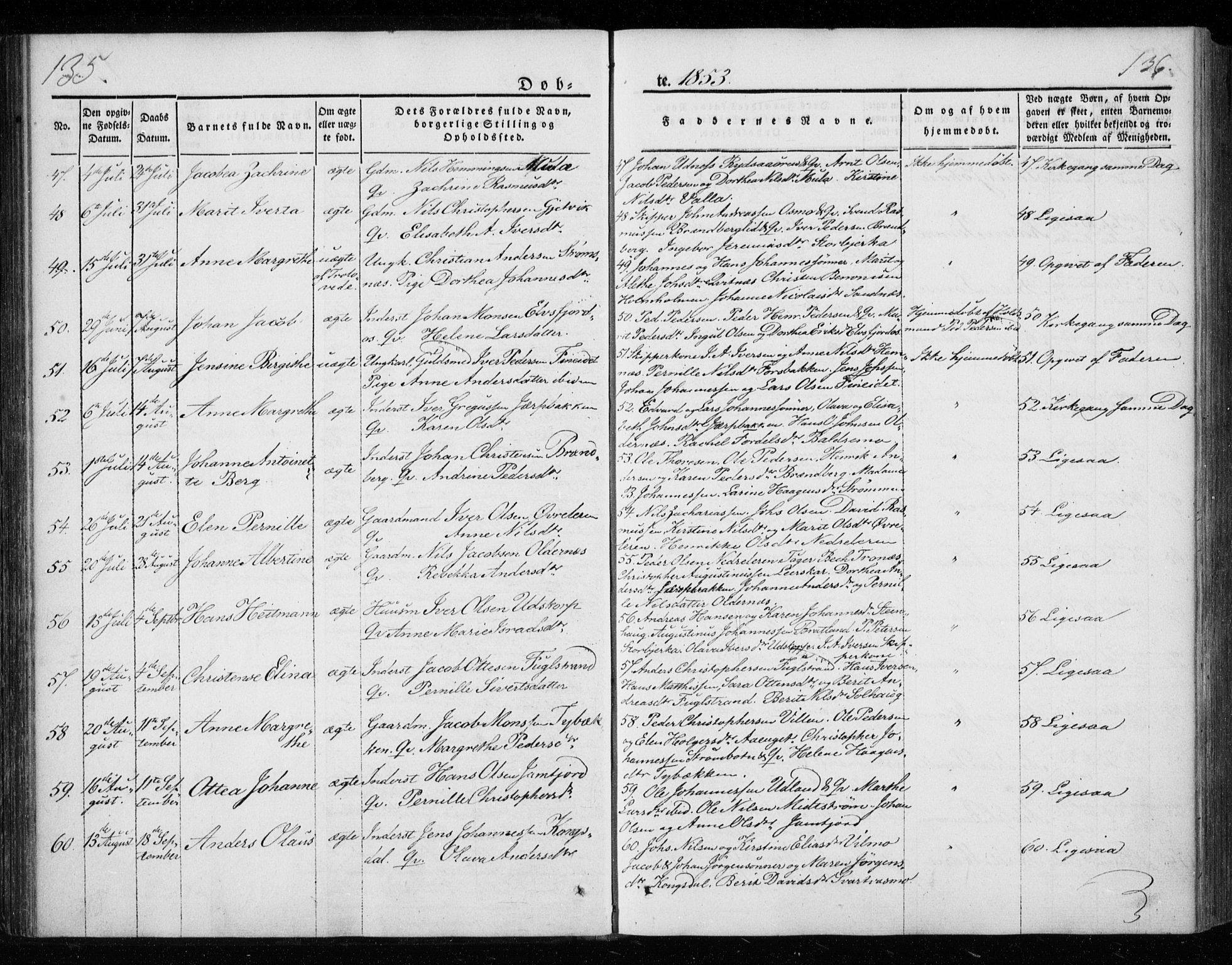 Ministerialprotokoller, klokkerbøker og fødselsregistre - Nordland, AV/SAT-A-1459/825/L0355: Ministerialbok nr. 825A09, 1842-1863, s. 135-136