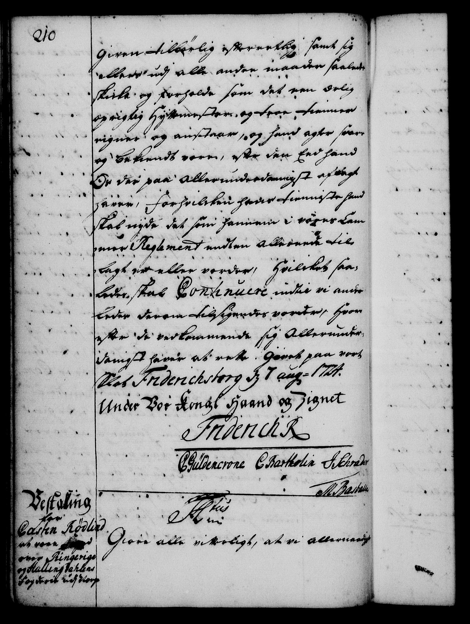 Rentekammeret, Kammerkanselliet, RA/EA-3111/G/Gg/Gge/L0001: Norsk bestallingsprotokoll med register (merket RK 53.25), 1720-1730, s. 210