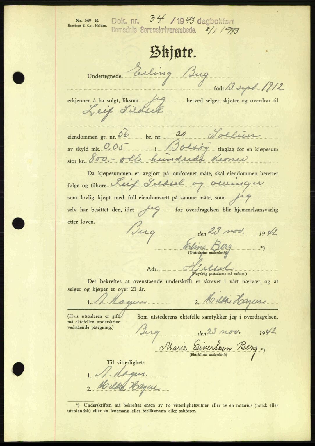 Romsdal sorenskriveri, AV/SAT-A-4149/1/2/2C: Pantebok nr. A13, 1942-1943, Dagboknr: 34/1943