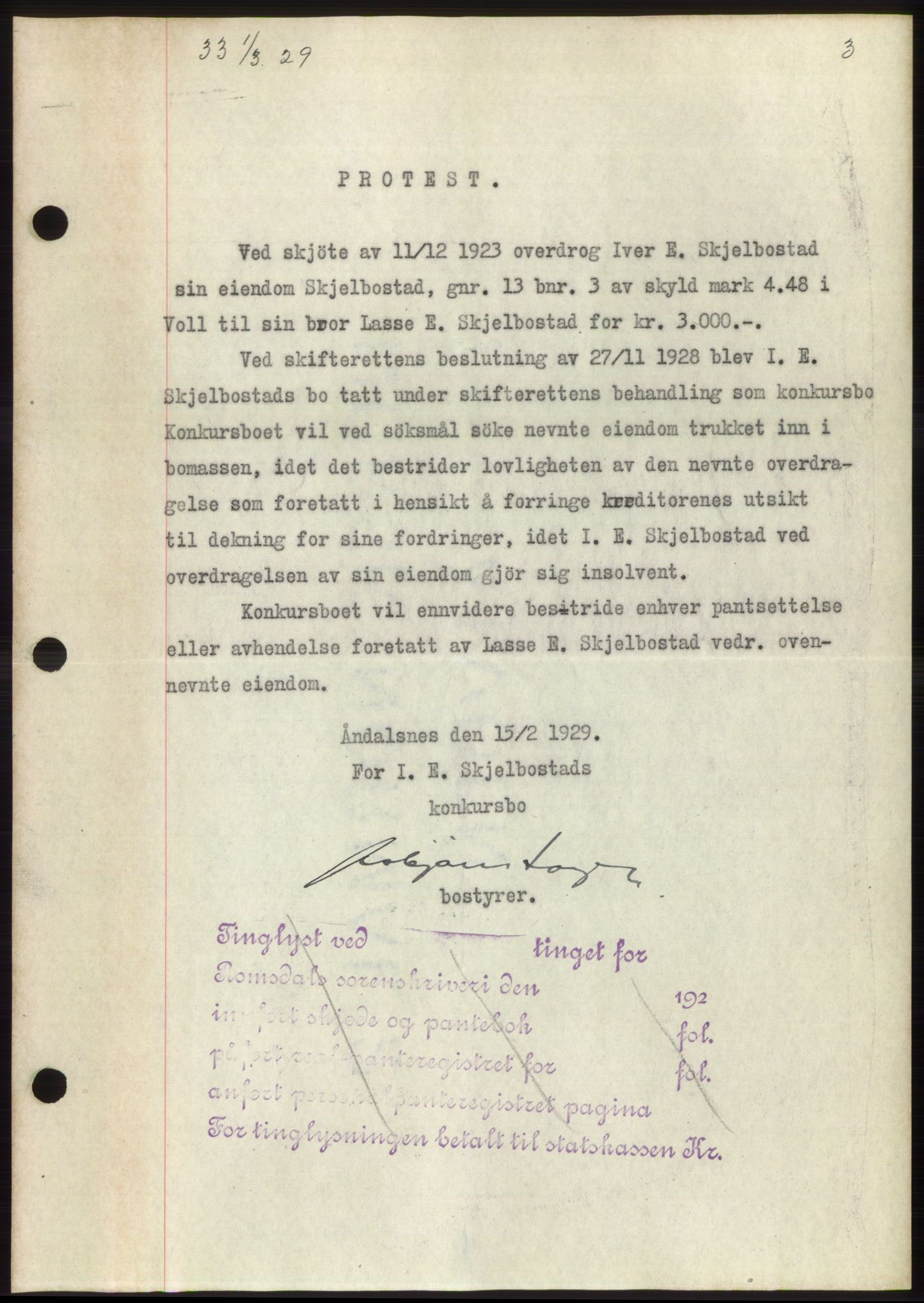 Romsdal sorenskriveri, AV/SAT-A-4149/1/2/2C/L0056: Pantebok nr. 50, 1929-1929, Tingl.dato: 01.03.1929