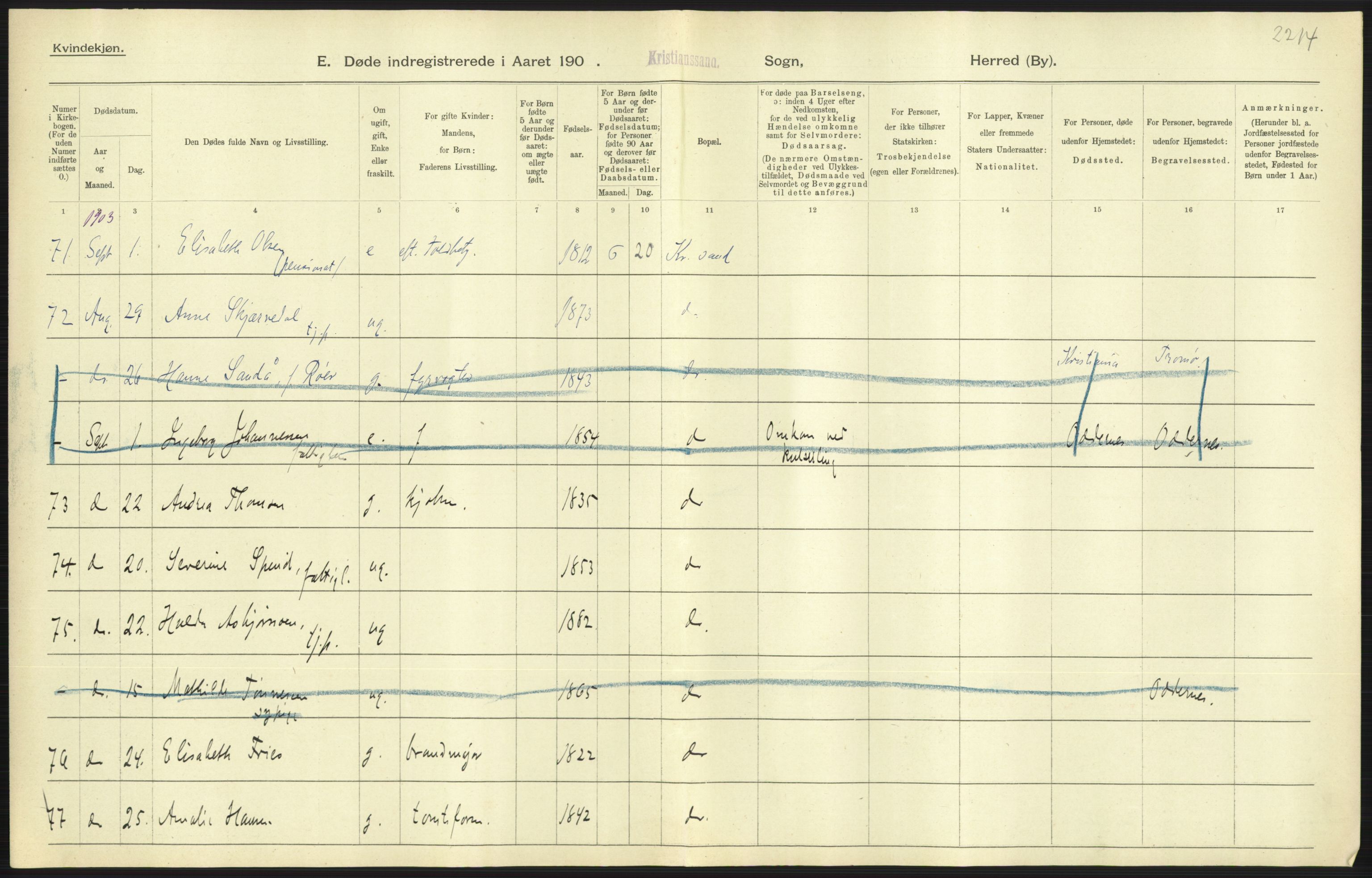 Statistisk sentralbyrå, Sosiodemografiske emner, Befolkning, AV/RA-S-2228/D/Df/Dfa/Dfaa/L0011: Lister og Mandal amt: Fødte, gifte, døde, 1903, s. 537