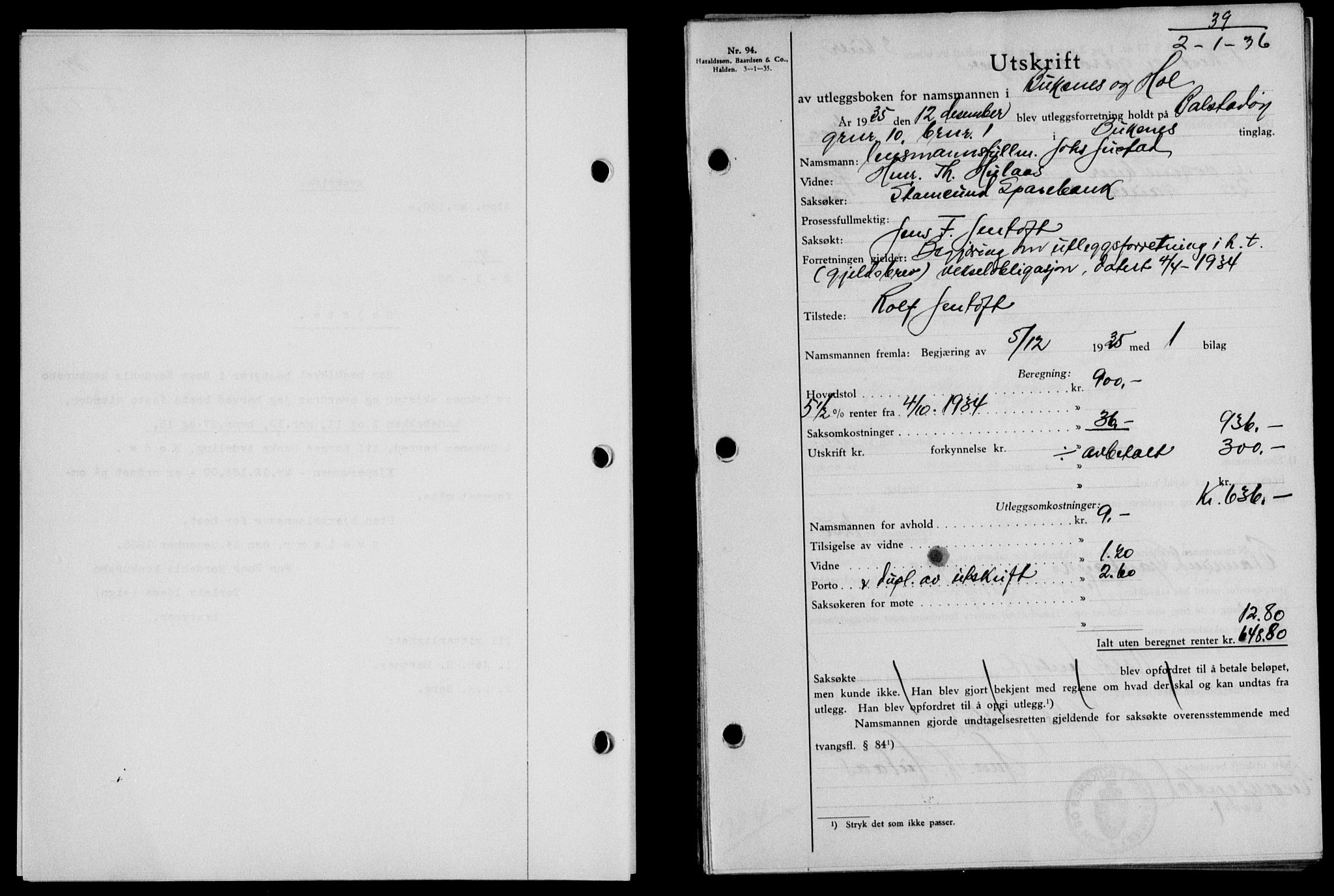 Lofoten sorenskriveri, SAT/A-0017/1/2/2C/L0033b: Pantebok nr. 33b, 1936-1936, Dagboknr: 39/1936