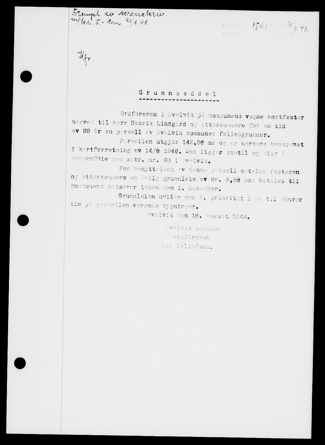 Holmestrand sorenskriveri, SAKO/A-67/G/Ga/Gaa/L0064: Pantebok nr. A-64, 1948-1948, Dagboknr: 1541/1948