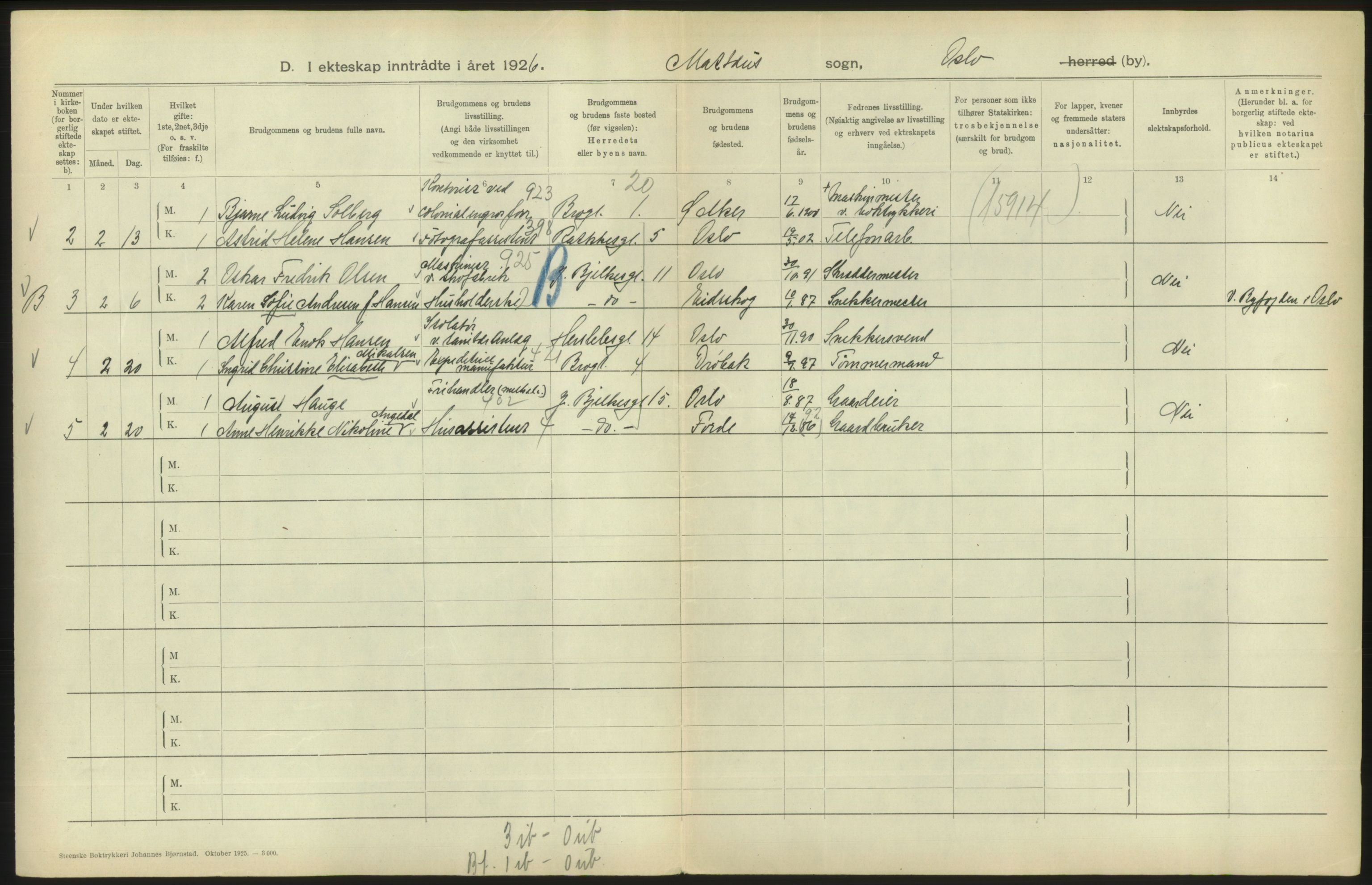 Statistisk sentralbyrå, Sosiodemografiske emner, Befolkning, AV/RA-S-2228/D/Df/Dfc/Dfcf/L0008: Oslo: Gifte, 1926, s. 796