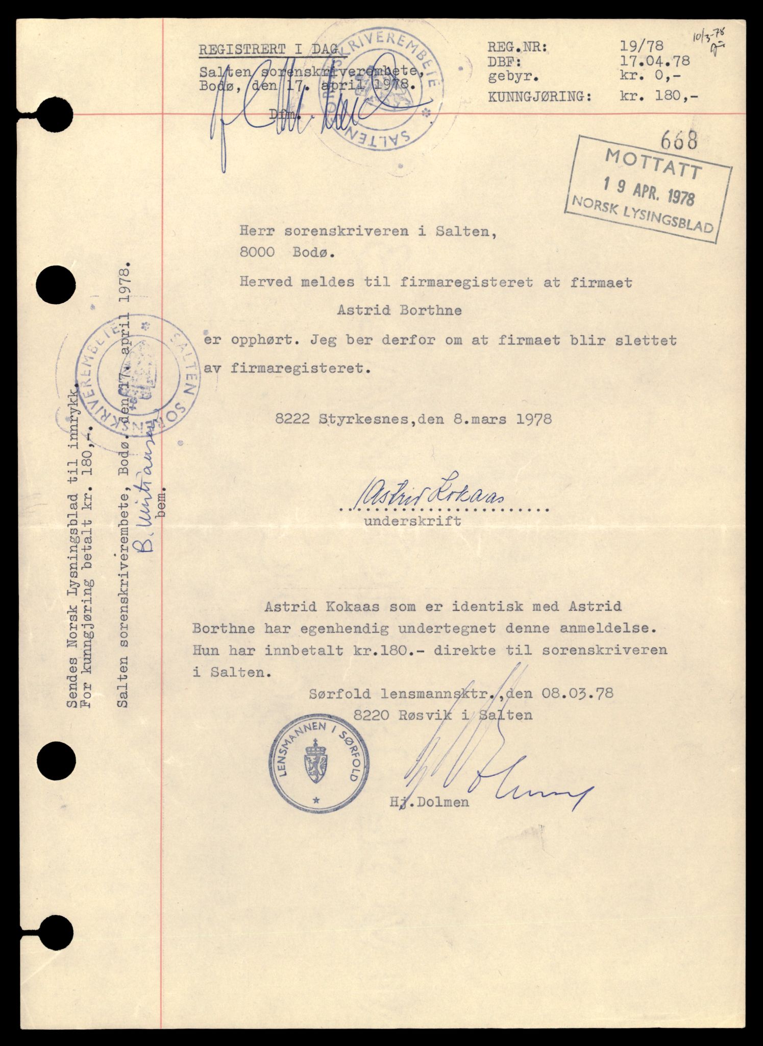 Salten sorenskriveri, SAT/A-4578/4/J/Jd/Jda/L0004: Bilag. Enkeltmannsforetak, personlig firma og andelslag Bo - Ce, 1961-1989, s. 1
