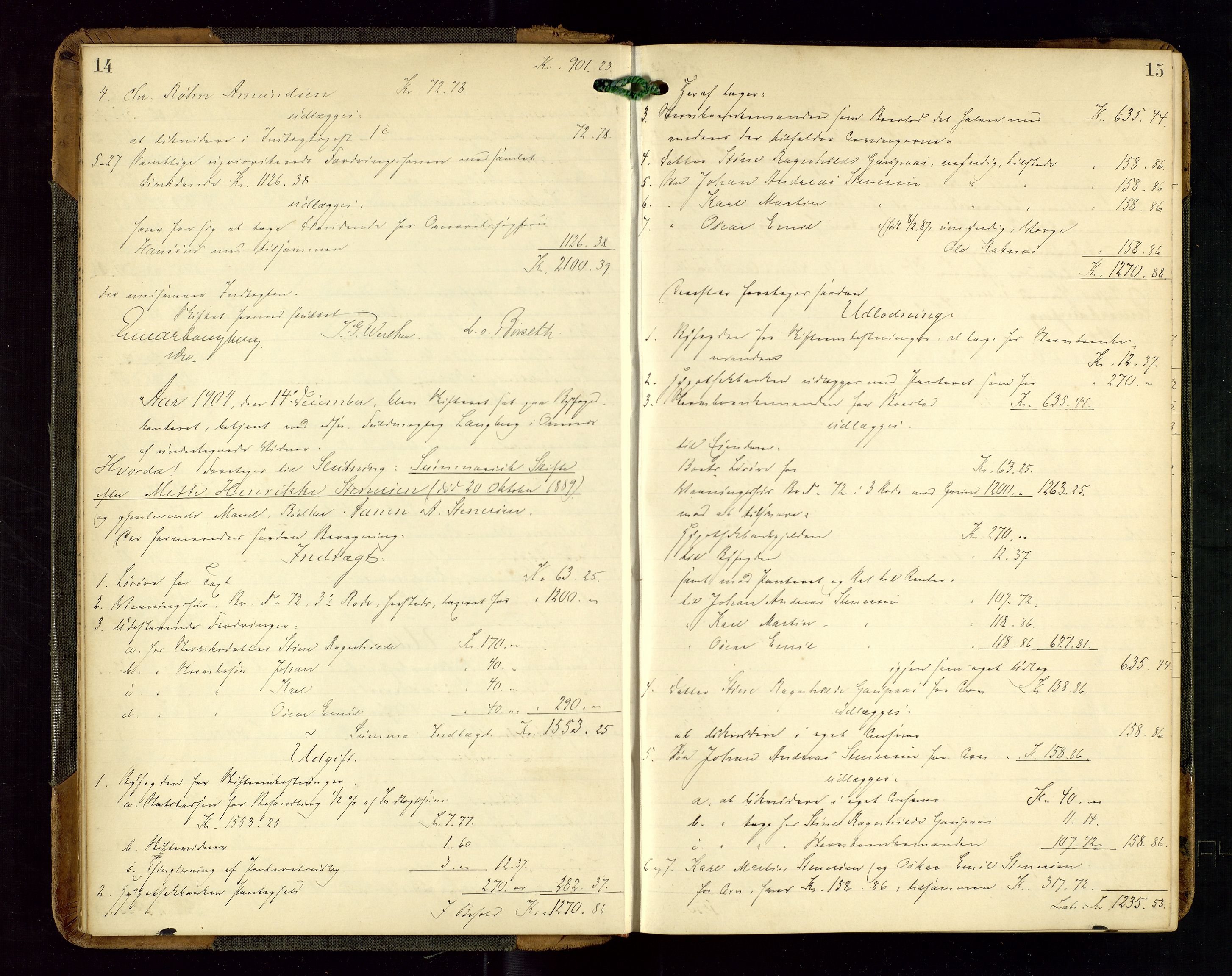 Haugesund tingrett, AV/SAST-A-101415/01/IV/IVD/L0002: Skifteutlodningsprotokoll, med register, 1904-1915, s. 14-15