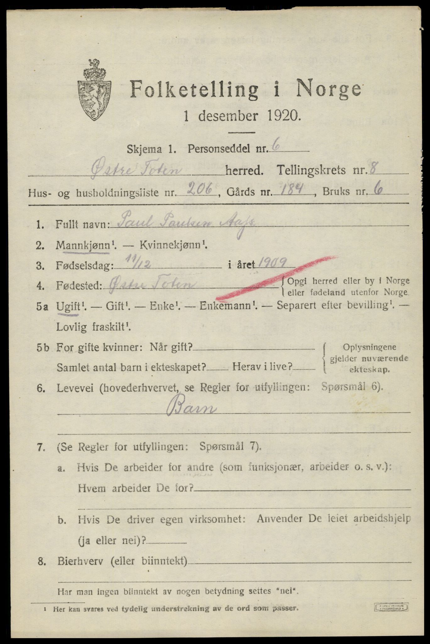 SAH, Folketelling 1920 for 0528 Østre Toten herred, 1920, s. 18016