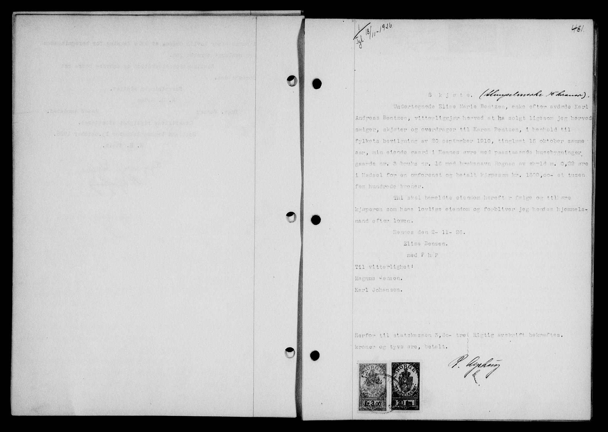 Vesterålen sorenskriveri, SAT/A-4180/1/2/2Ca/L0042: Pantebok nr. 35, 1926-1926, Tingl.dato: 18.11.1926