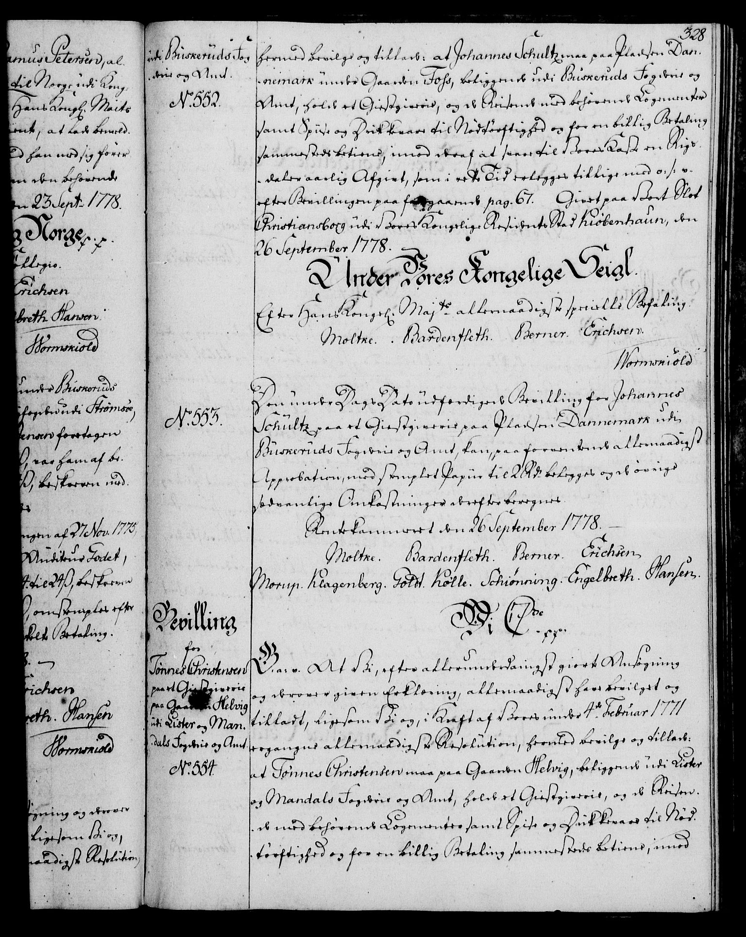 Rentekammeret, Kammerkanselliet, AV/RA-EA-3111/G/Gg/Gga/L0010: Norsk ekspedisjonsprotokoll med register (merket RK 53.10), 1773-1778, s. 328