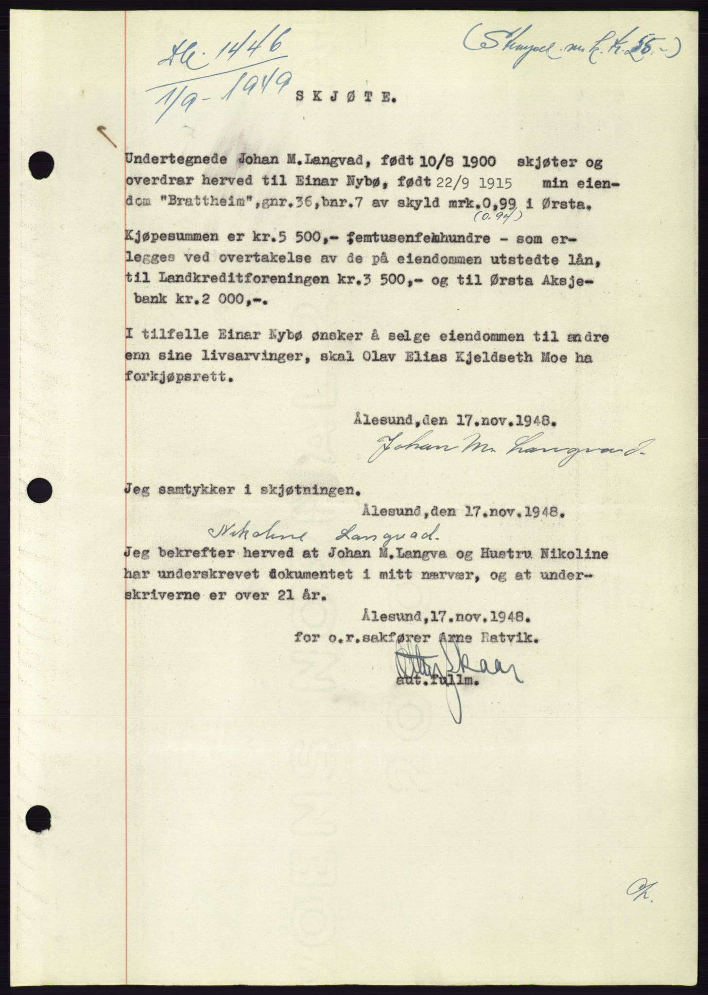Søre Sunnmøre sorenskriveri, SAT/A-4122/1/2/2C/L0085: Pantebok nr. 11A, 1949-1949, Dagboknr: 1446/1949