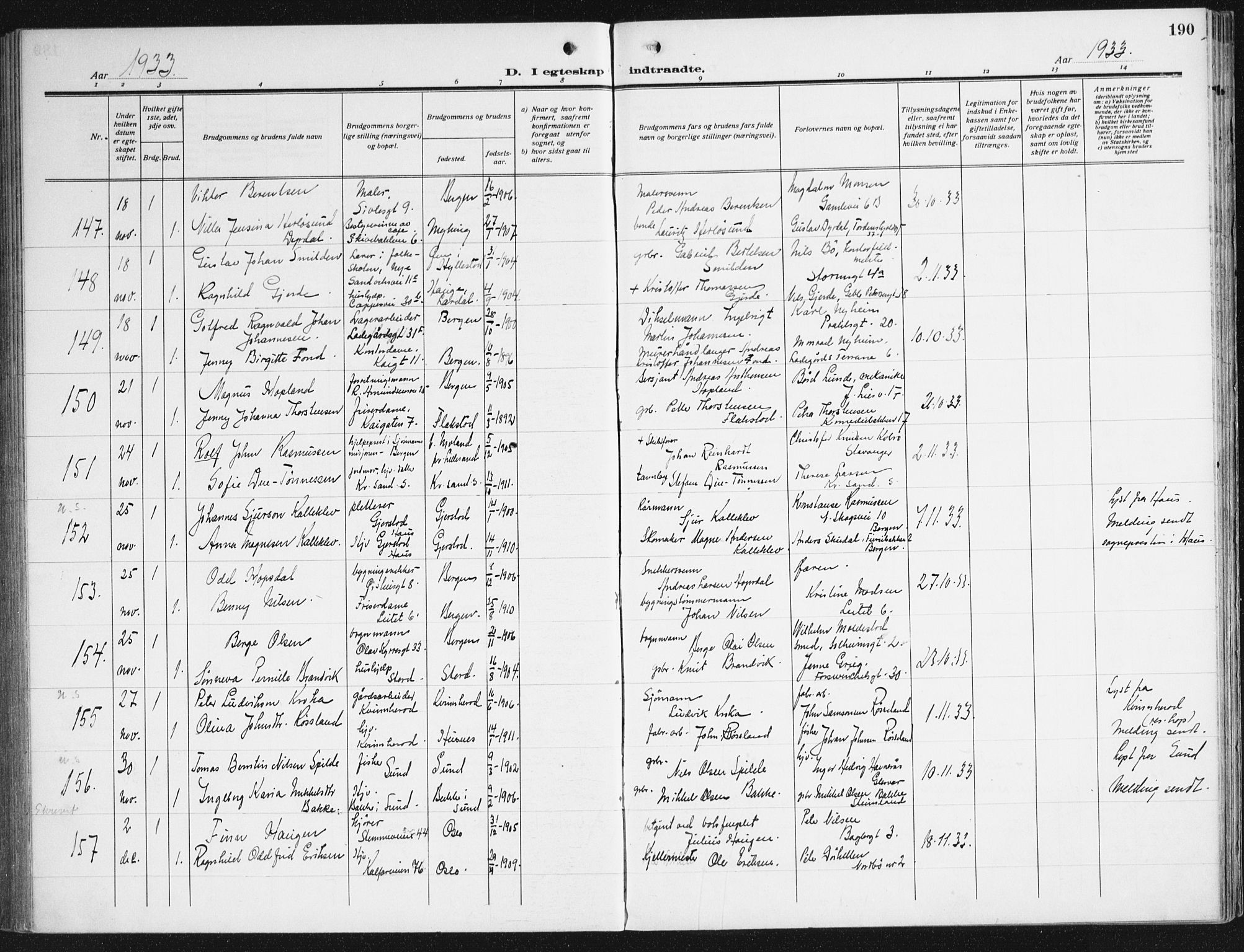 Domkirken sokneprestembete, AV/SAB-A-74801/H/Haa/L0039: Ministerialbok nr. D 6, 1921-1937, s. 190
