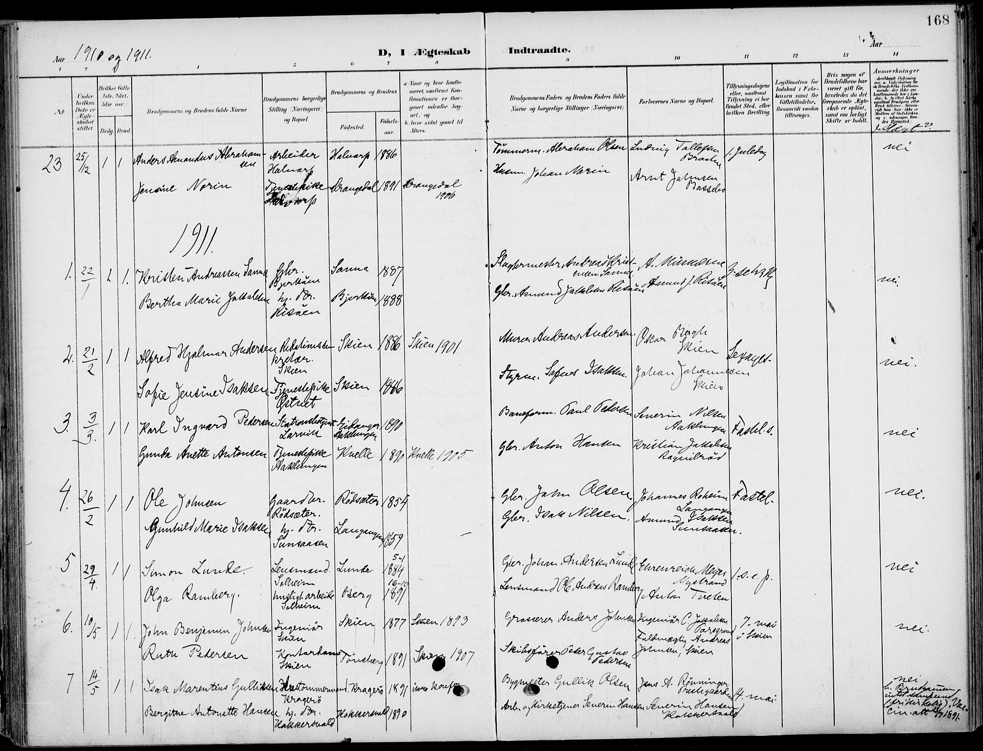 Eidanger kirkebøker, AV/SAKO-A-261/F/Fa/L0013: Ministerialbok nr. 13, 1900-1913, s. 168