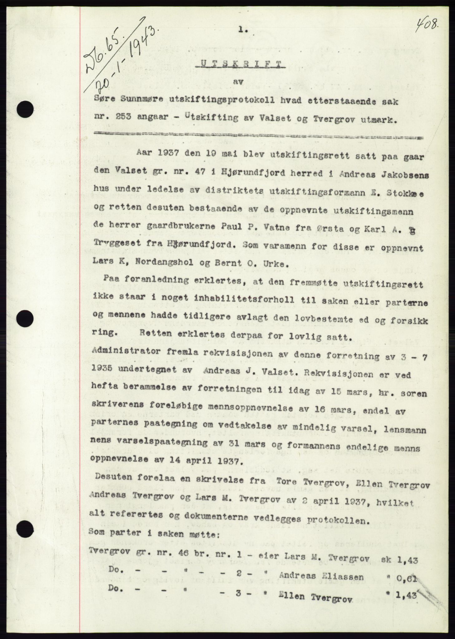 Søre Sunnmøre sorenskriveri, SAT/A-4122/1/2/2C/L0074: Pantebok nr. 68, 1942-1943, Dagboknr: 65/1943