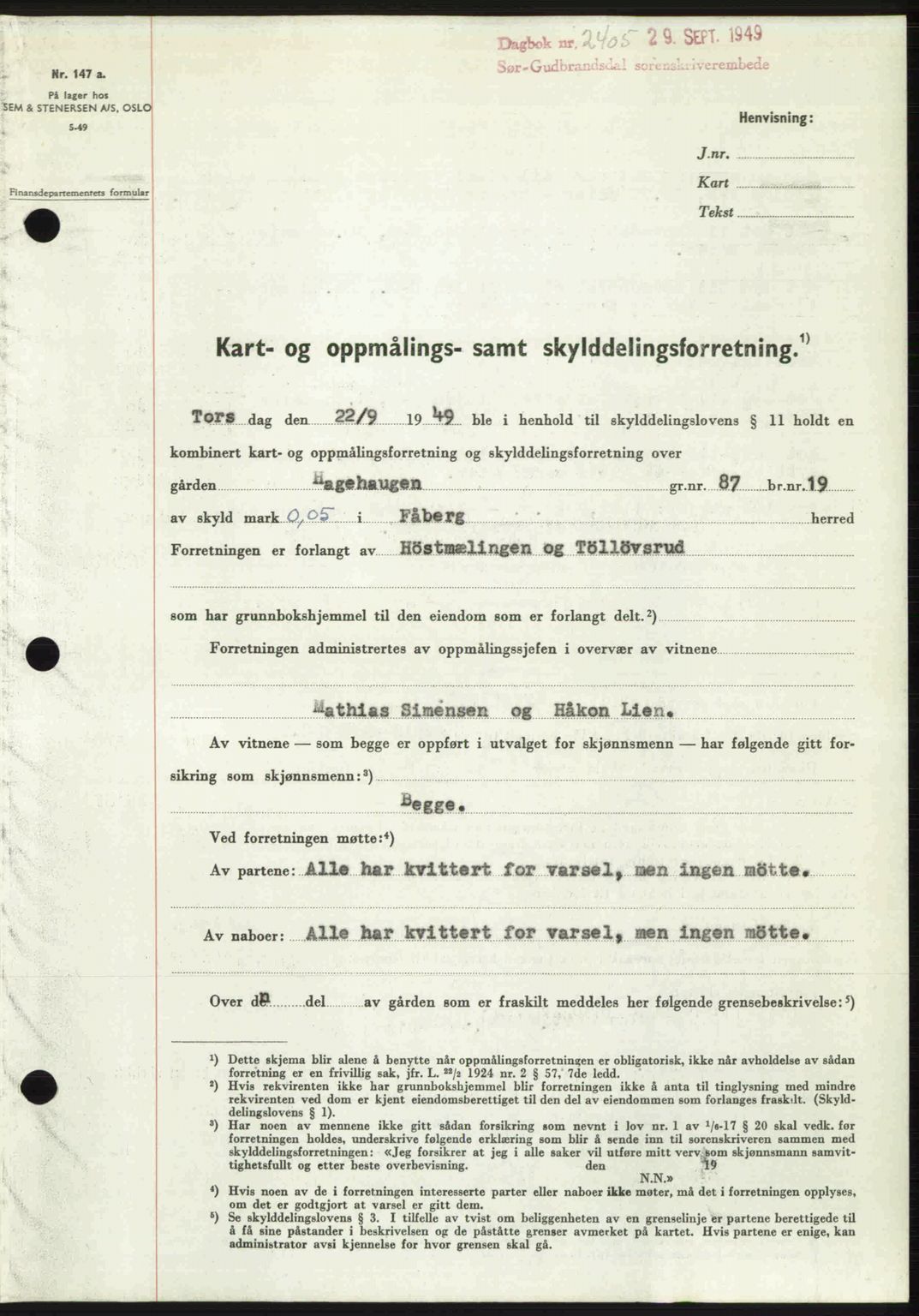 Sør-Gudbrandsdal tingrett, SAH/TING-004/H/Hb/Hbd/L0026: Pantebok nr. A26, 1949-1949, Dagboknr: 2405/1949