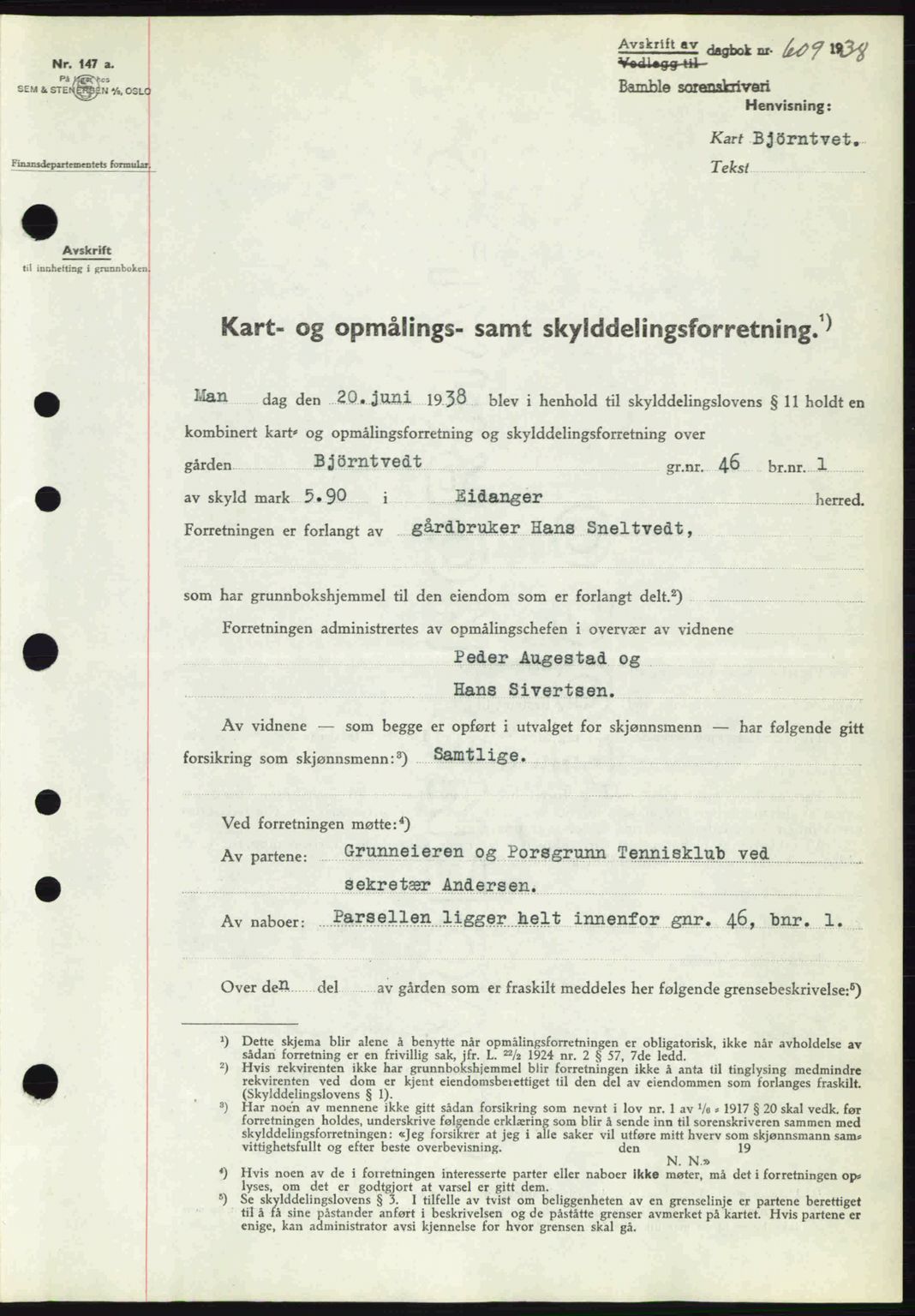 Bamble sorenskriveri, AV/SAKO-A-214/G/Ga/Gag/L0002: Pantebok nr. A-2, 1937-1938, Dagboknr: 609/1938